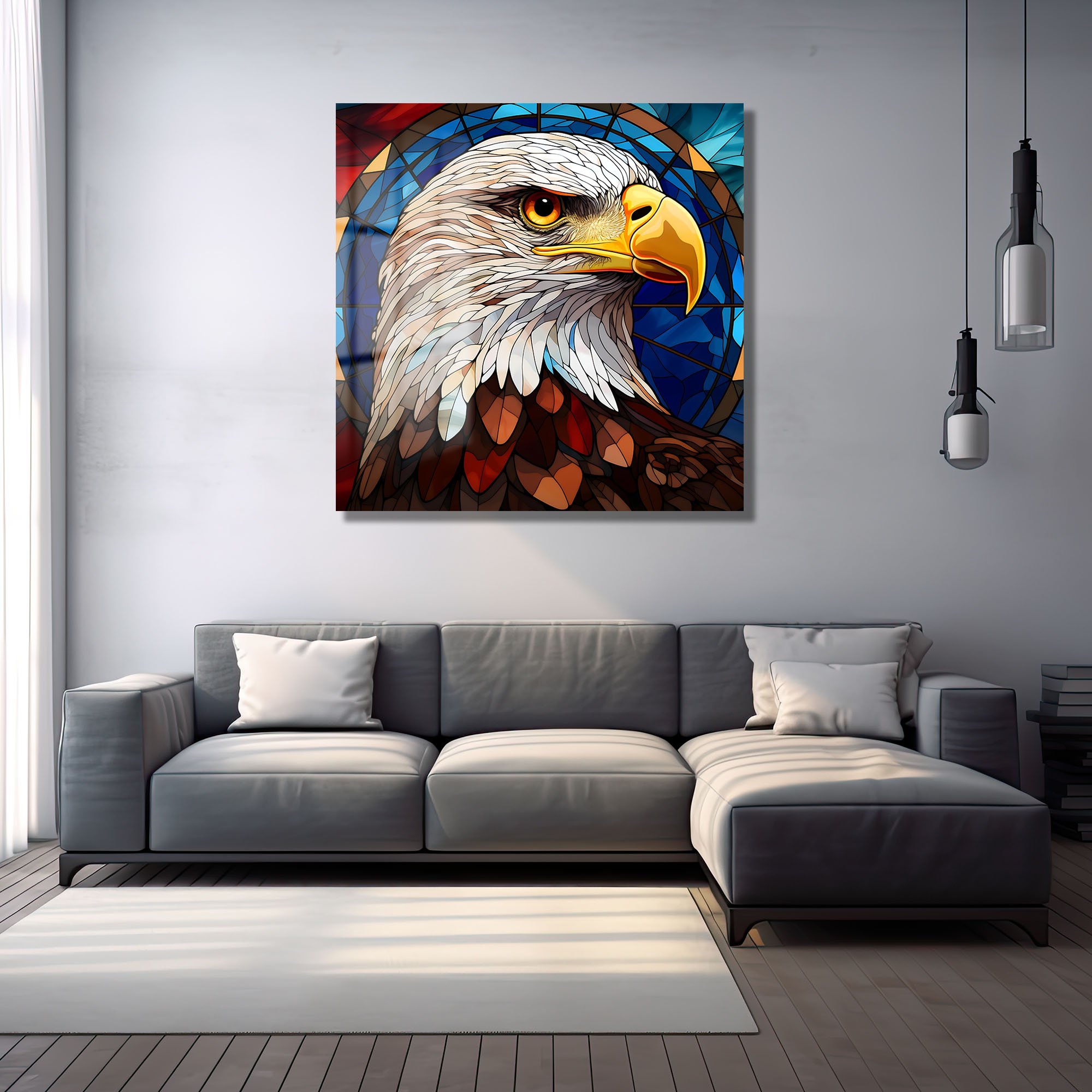 Vitray Kartal: Gücün ve Asaletin Modern Cam Tablosu Duvar Dekoru cam tablo, duvar sanatı, modern dekorasyon, soyut sanat, cam sanat eserleri, iç mekan dekorasyonu, ofis dekorasyonu, ev dekorasyonu, restoran dekorasyonu, cafe dekorasyonu, cam baskı, UV baskı, estetik duvar sanatı