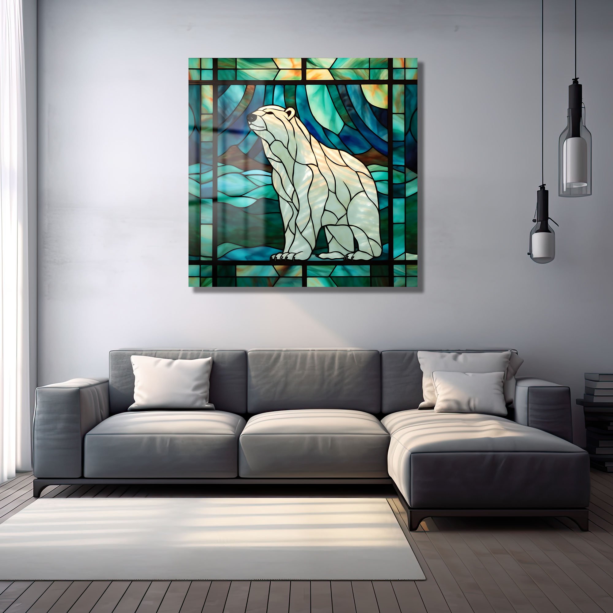 Buzların Hükümdarı: Stained Glass Kutup Ayısı Temperli Cam Tablo Duvar Dekoru cam tablo, duvar sanatı, modern dekorasyon, soyut sanat, cam sanat eserleri, iç mekan dekorasyonu, ofis dekorasyonu, ev dekorasyonu, restoran dekorasyonu, cafe dekorasyonu, cam baskı, UV baskı, estetik duvar sanatı