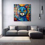 Renkli Vitray Kedi: Modern Sanat Temalı Dekoratif Cam Tablo Duvar Dekoru cam tablo, duvar sanatı, modern dekorasyon, soyut sanat, cam sanat eserleri, iç mekan dekorasyonu, ofis dekorasyonu, ev dekorasyonu, restoran dekorasyonu, cafe dekorasyonu, cam baskı, UV baskı, estetik duvar sanatı