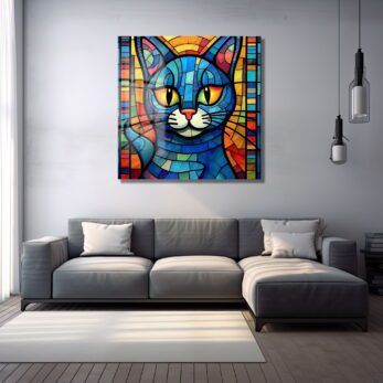 Renkli Vitray Kedi: Modern Sanat Temalı Dekoratif Cam Tablo - Glazella