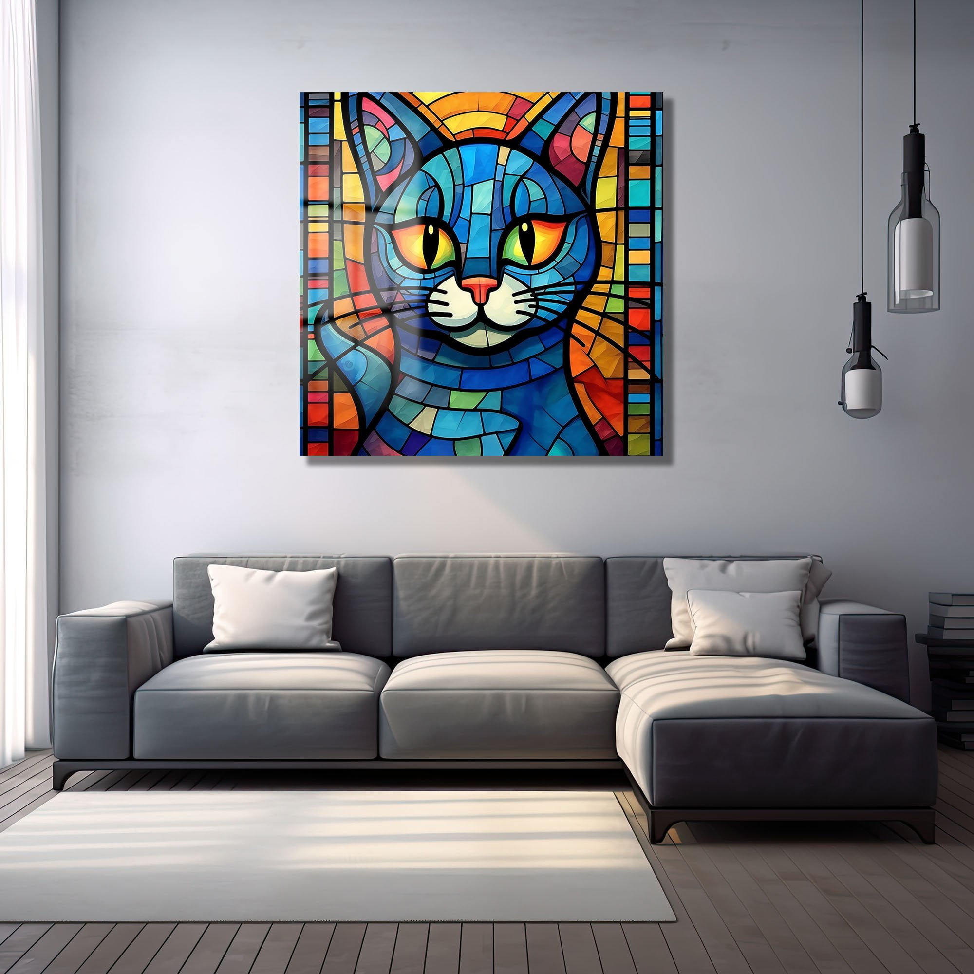 Renkli Vitray Kedi: Modern Sanat Temalı Dekoratif Cam Tablo Duvar Dekoru cam tablo, duvar sanatı, modern dekorasyon, soyut sanat, cam sanat eserleri, iç mekan dekorasyonu, ofis dekorasyonu, ev dekorasyonu, restoran dekorasyonu, cafe dekorasyonu, cam baskı, UV baskı, estetik duvar sanatı