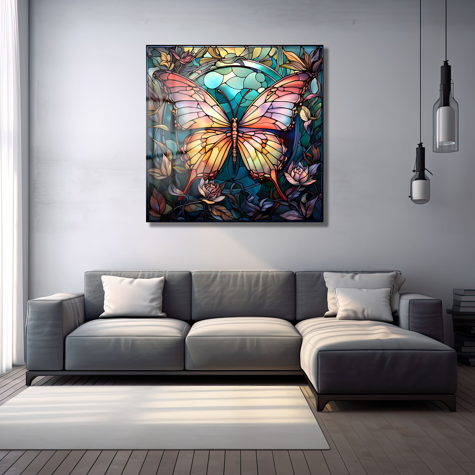 Vitray Kelebek Dansı: Canlı Renklerde Sanatsal Cam Tablo Duvar Dekoru cam tablo, duvar sanatı, modern dekorasyon, soyut sanat, cam sanat eserleri, iç mekan dekorasyonu, ofis dekorasyonu, ev dekorasyonu, restoran dekorasyonu, cafe dekorasyonu, cam baskı, UV baskı, estetik duvar sanatı