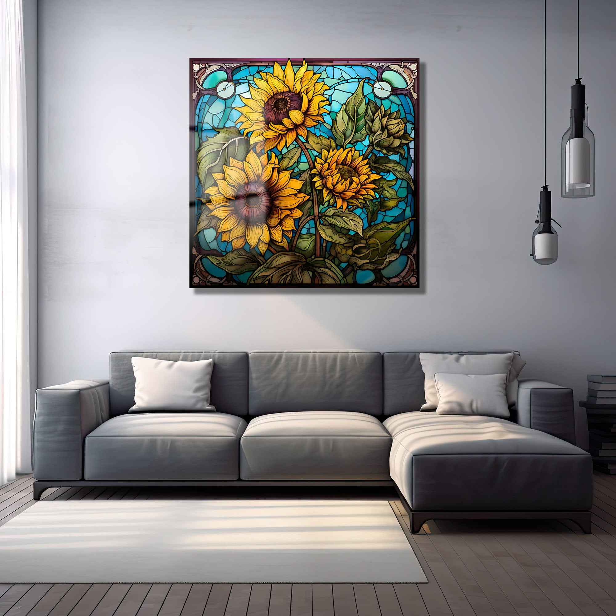 Ayçiçeği Işıltısı: Vitray Sanatlı Temperli Cam Tablo Duvar Dekoru cam tablo, duvar sanatı, modern dekorasyon, soyut sanat, cam sanat eserleri, iç mekan dekorasyonu, ofis dekorasyonu, ev dekorasyonu, restoran dekorasyonu, cafe dekorasyonu, cam baskı, UV baskı, estetik duvar sanatı