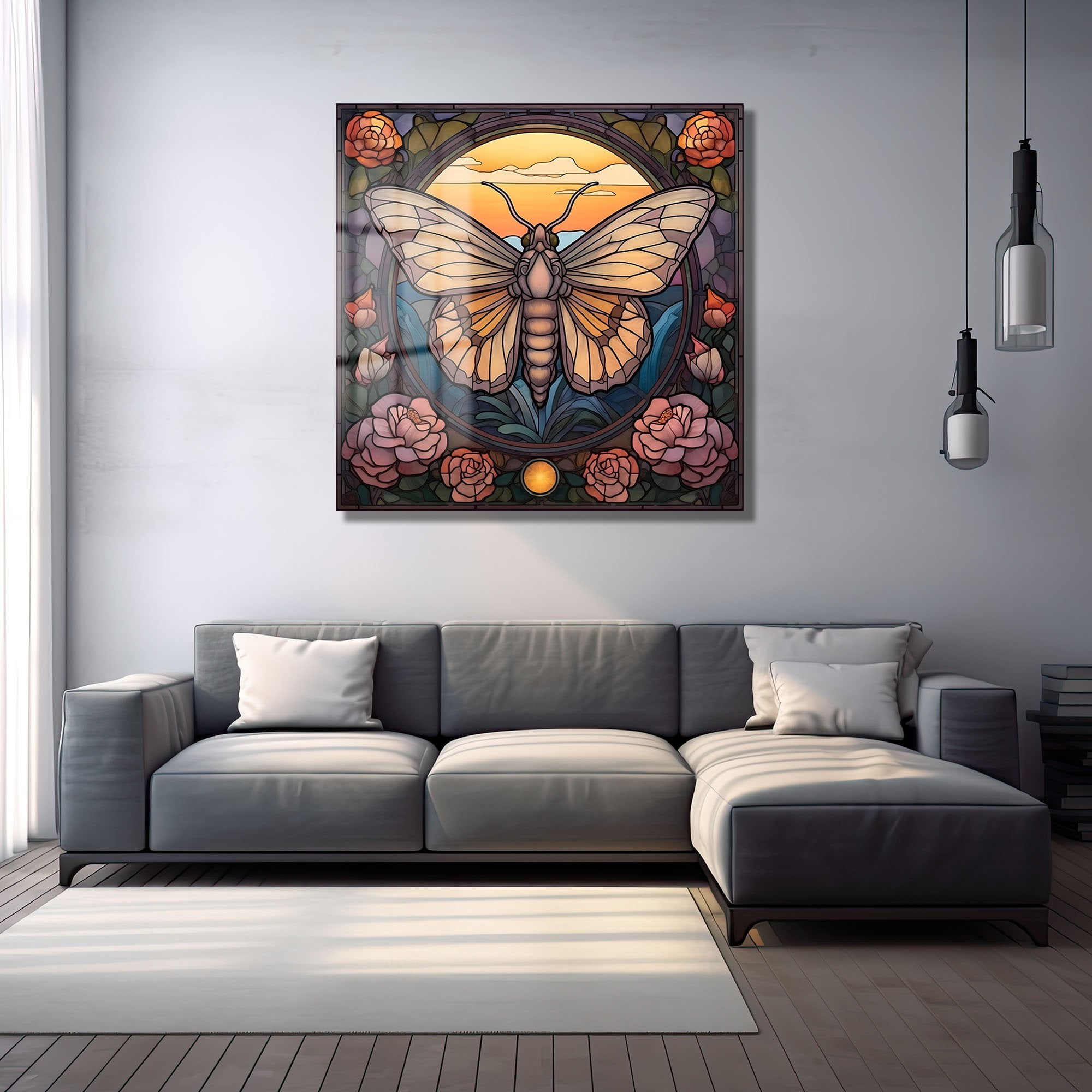 Gün Batımı Kelebeği: Vitray Sanatı Temperli Cam Tablo Duvar Dekoru cam tablo, duvar sanatı, modern dekorasyon, soyut sanat, cam sanat eserleri, iç mekan dekorasyonu, ofis dekorasyonu, ev dekorasyonu, restoran dekorasyonu, cafe dekorasyonu, cam baskı, UV baskı, estetik duvar sanatı