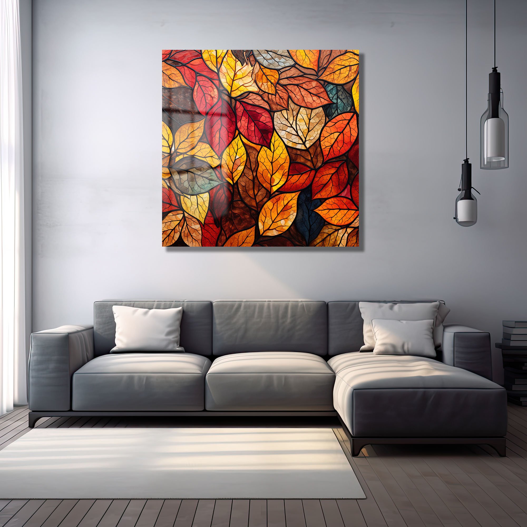 Sonbahar Vitrayı: Canlı Yaprak Desenli Temperli Cam Tablo Duvar Dekoru cam tablo, duvar sanatı, modern dekorasyon, soyut sanat, cam sanat eserleri, iç mekan dekorasyonu, ofis dekorasyonu, ev dekorasyonu, restoran dekorasyonu, cafe dekorasyonu, cam baskı, UV baskı, estetik duvar sanatı