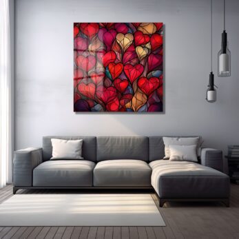 Aşkın Rengi: Kırmızı Vitray Kalpler Modern Cam Tablo - Glazella