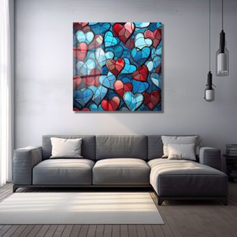 Aşkın Vitray Dansı: Kırmızı ve Mavi Kalpler Temalı Modern Cam Tablo - Glazella