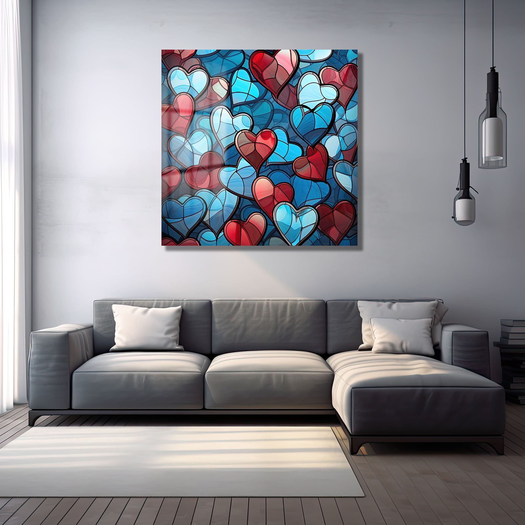 Aşkın Vitray Dansı: Kırmızı ve Mavi Kalpler Temalı Modern Cam Tablo Duvar Dekoru cam tablo, duvar sanatı, modern dekorasyon, soyut sanat, cam sanat eserleri, iç mekan dekorasyonu, ofis dekorasyonu, ev dekorasyonu, restoran dekorasyonu, cafe dekorasyonu, cam baskı, UV baskı, estetik duvar sanatı