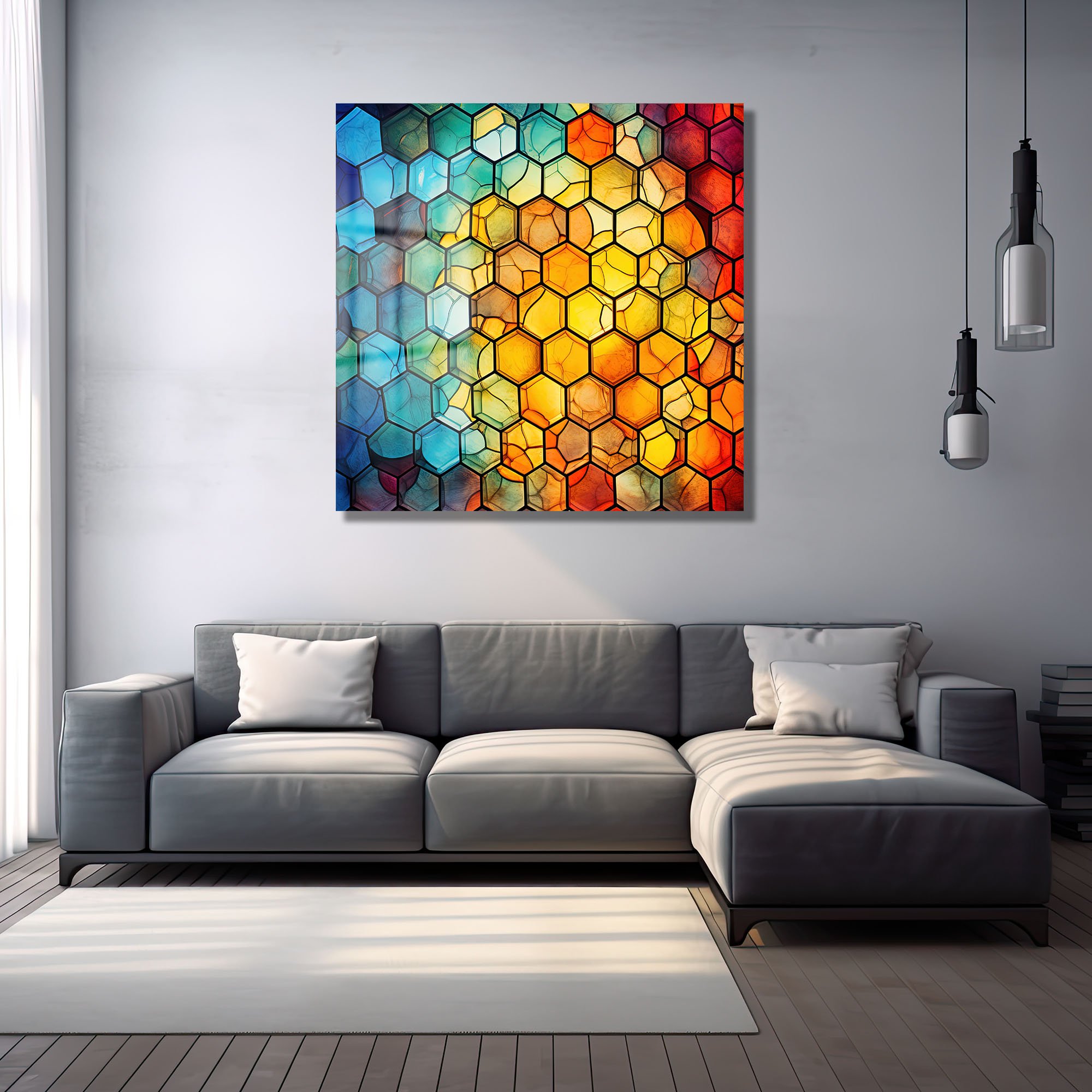 Gökkuşağı Petekleri: Modern Geometrik Temperli Cam Tablo Duvar Dekoru cam tablo, duvar sanatı, modern dekorasyon, soyut sanat, cam sanat eserleri, iç mekan dekorasyonu, ofis dekorasyonu, ev dekorasyonu, restoran dekorasyonu, cafe dekorasyonu, cam baskı, UV baskı, estetik duvar sanatı