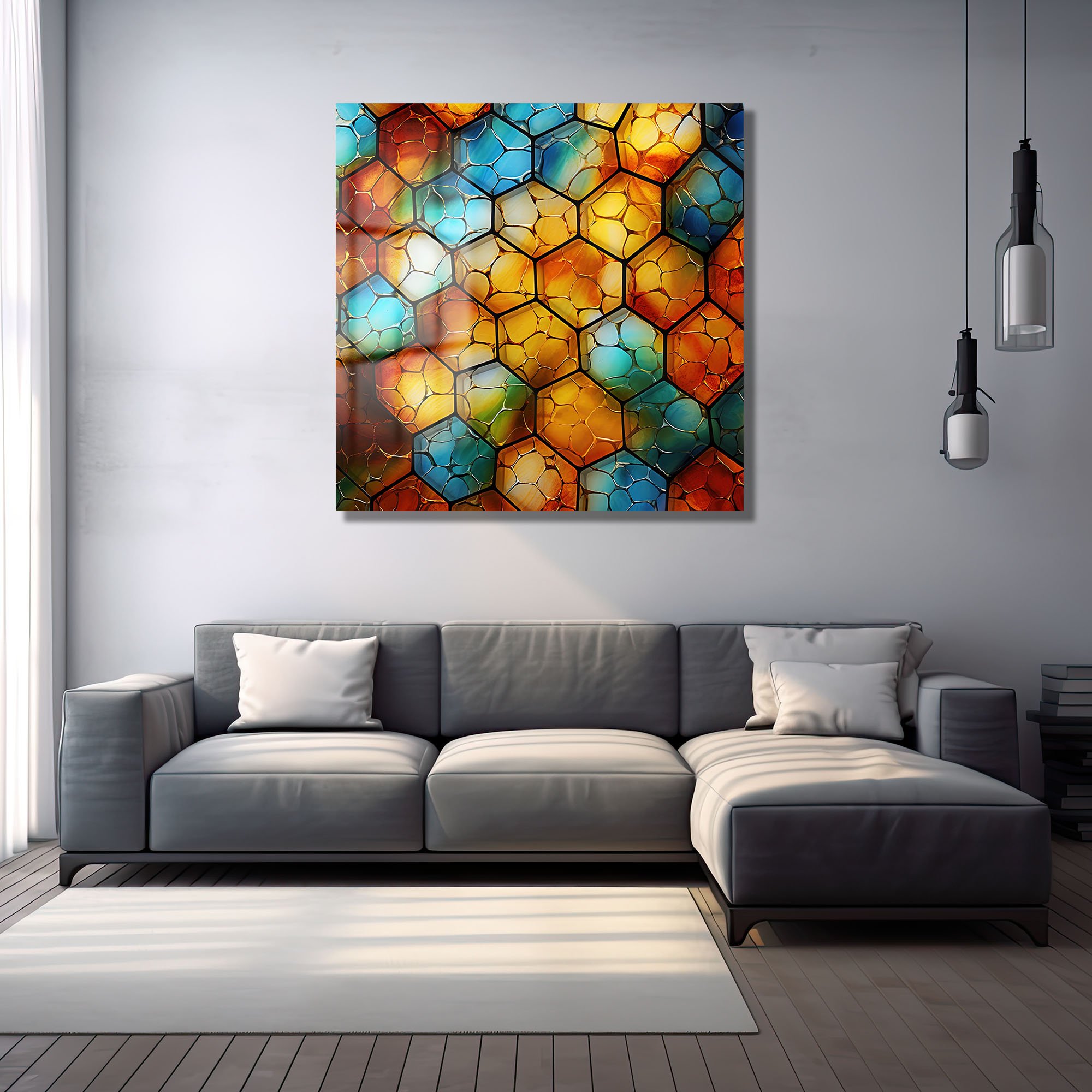 Geometrik Rüyalar: Canlı Renklerde Temperli Cam Tablo Duvar Dekoru cam tablo, duvar sanatı, modern dekorasyon, soyut sanat, cam sanat eserleri, iç mekan dekorasyonu, ofis dekorasyonu, ev dekorasyonu, restoran dekorasyonu, cafe dekorasyonu, cam baskı, UV baskı, estetik duvar sanatı