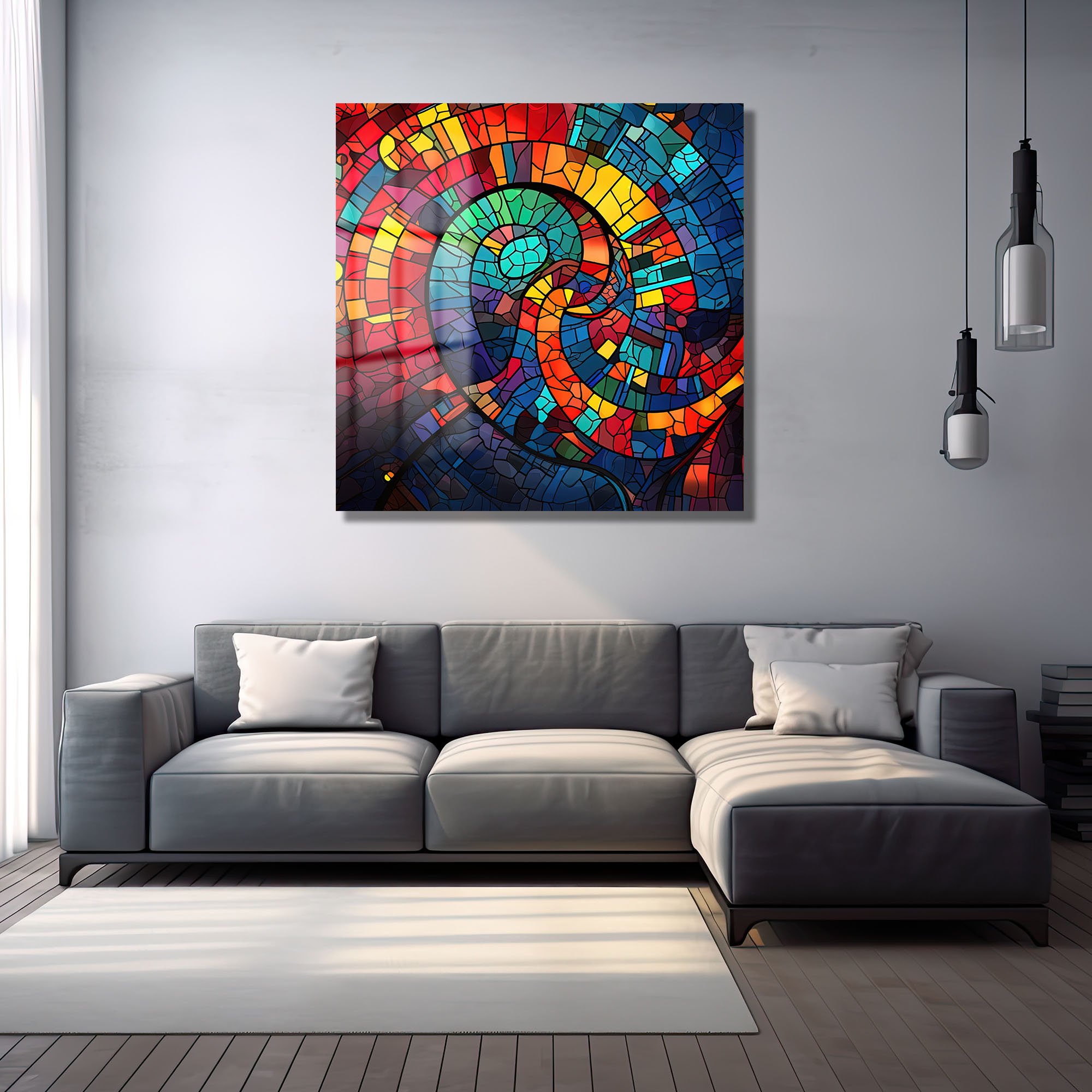 Renkli Spiral Dansı: Modern Vitray Tarzı Temperli Cam Tablo Duvar Dekoru cam tablo, duvar sanatı, modern dekorasyon, soyut sanat, cam sanat eserleri, iç mekan dekorasyonu, ofis dekorasyonu, ev dekorasyonu, restoran dekorasyonu, cafe dekorasyonu, cam baskı, UV baskı, estetik duvar sanatı