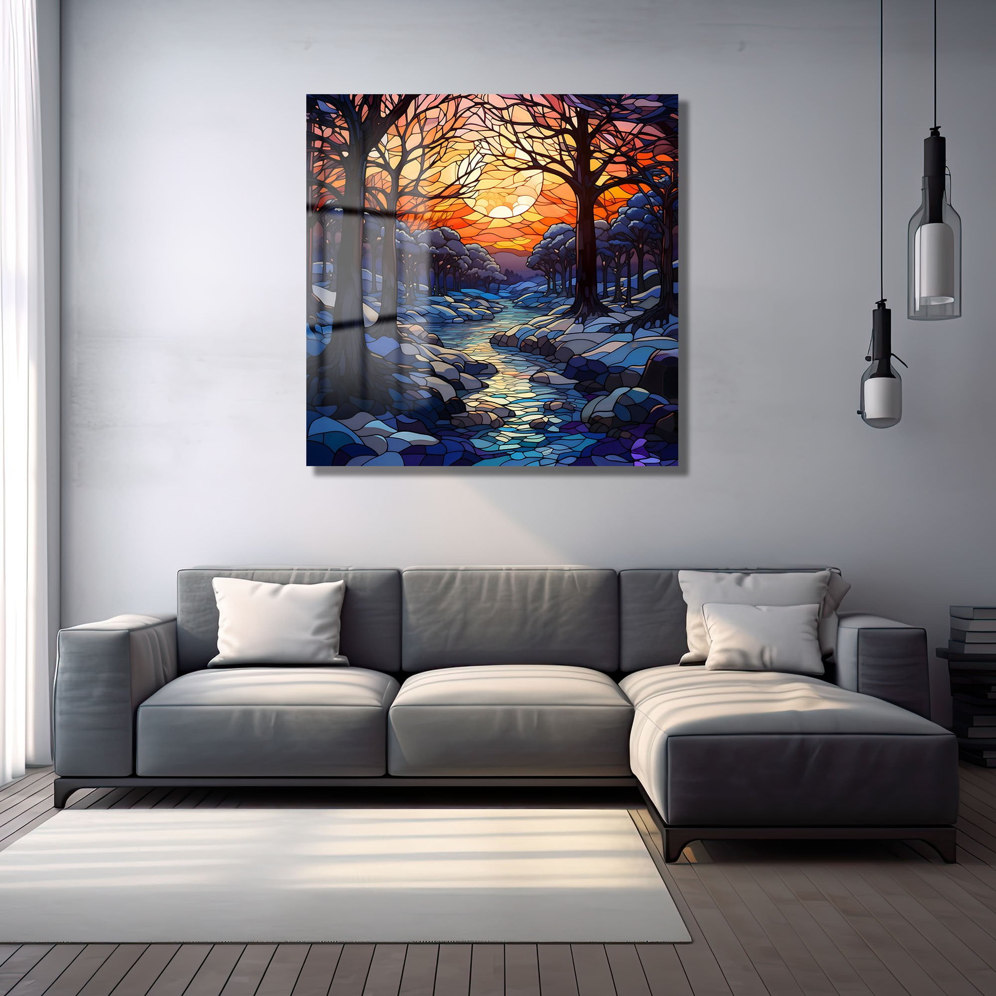 Kış Güneşi ve Nehir: Vitray Sanatı Temperli Cam Tablo Duvar Dekoru cam tablo, duvar sanatı, modern dekorasyon, soyut sanat, cam sanat eserleri, iç mekan dekorasyonu, ofis dekorasyonu, ev dekorasyonu, restoran dekorasyonu, cafe dekorasyonu, cam baskı, UV baskı, estetik duvar sanatı