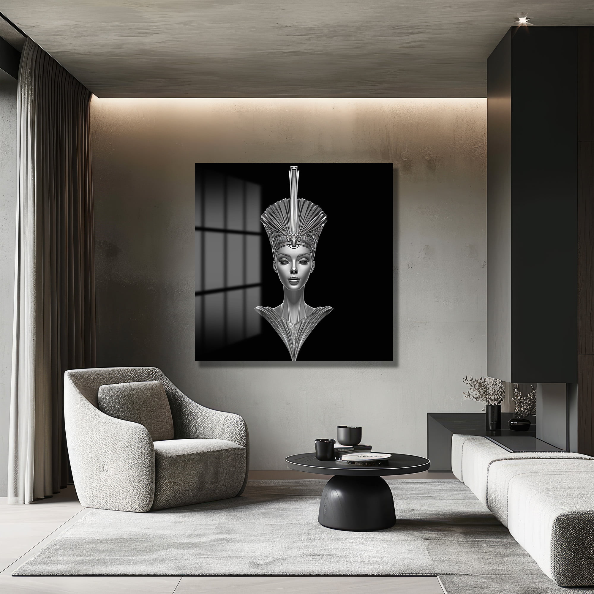 Antik Zarafet, Fütüristik Işıltı: Nefertiti Temalı Gümüş Cam Tablo Duvar Dekoru cam tablo, duvar sanatı, modern dekorasyon, soyut sanat, cam sanat eserleri, iç mekan dekorasyonu, ofis dekorasyonu, ev dekorasyonu, restoran dekorasyonu, cafe dekorasyonu, cam baskı, UV baskı, estetik duvar sanatı