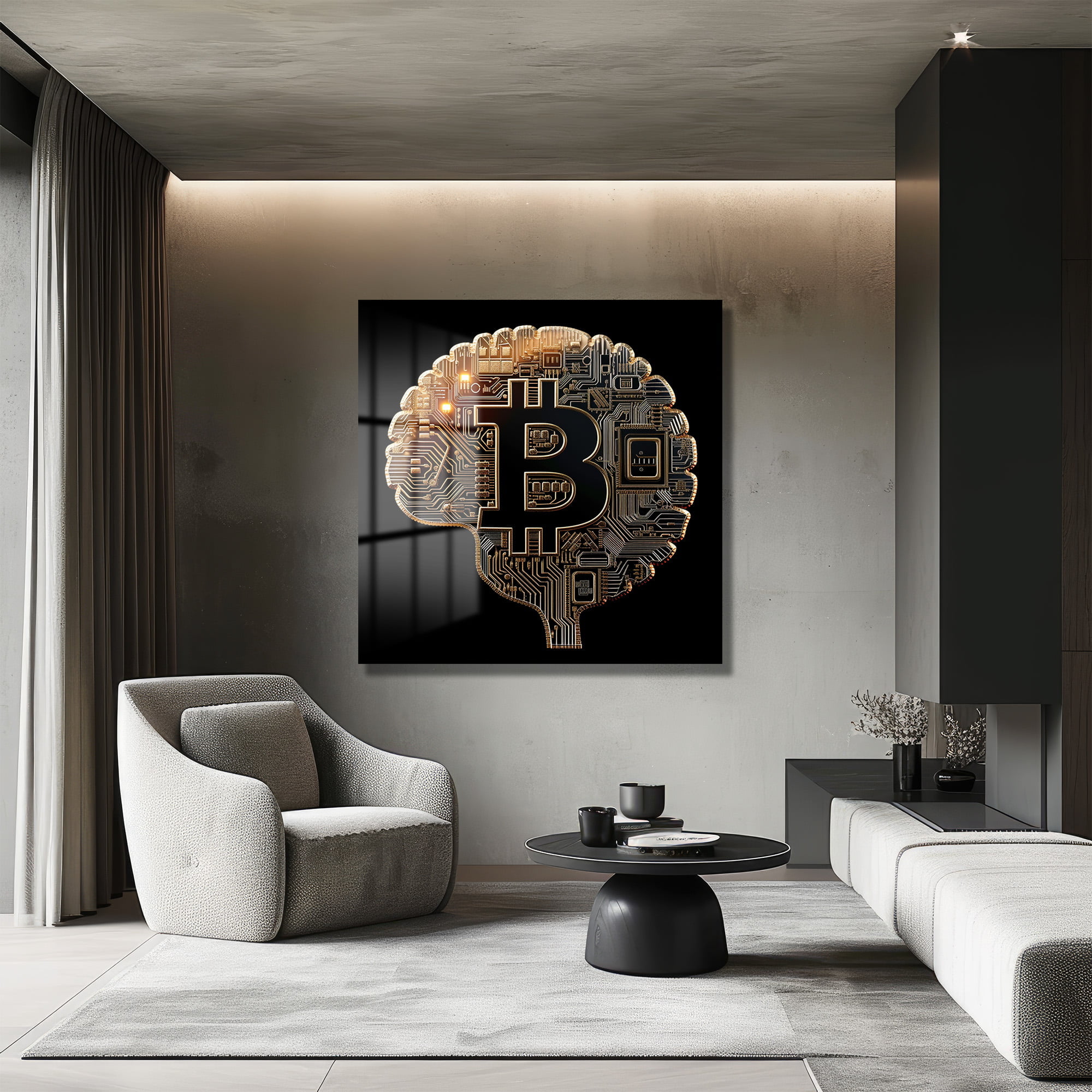Kripto Zeka: Bitcoin ve Teknoloji Temalı Modern Cam Tablo Duvar Dekoru cam tablo, duvar sanatı, modern dekorasyon, soyut sanat, cam sanat eserleri, iç mekan dekorasyonu, ofis dekorasyonu, ev dekorasyonu, restoran dekorasyonu, cafe dekorasyonu, cam baskı, UV baskı, estetik duvar sanatı