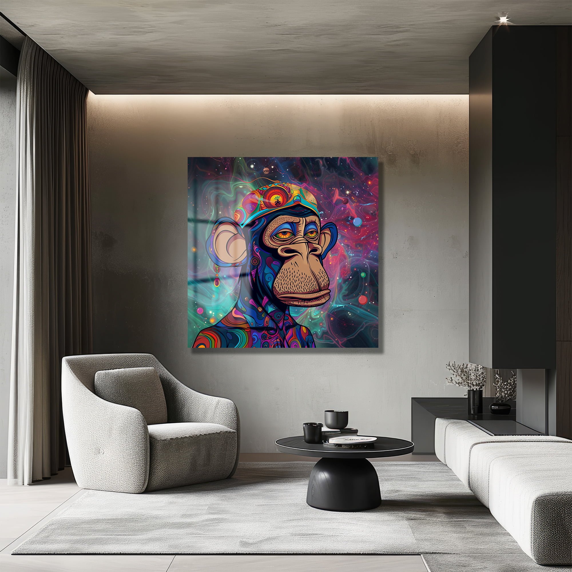 Kozmik Maymun: Psychedelic Enerjili Modern Cam Tablo Duvar Dekoru cam tablo, duvar sanatı, modern dekorasyon, soyut sanat, cam sanat eserleri, iç mekan dekorasyonu, ofis dekorasyonu, ev dekorasyonu, restoran dekorasyonu, cafe dekorasyonu, cam baskı, UV baskı, estetik duvar sanatı