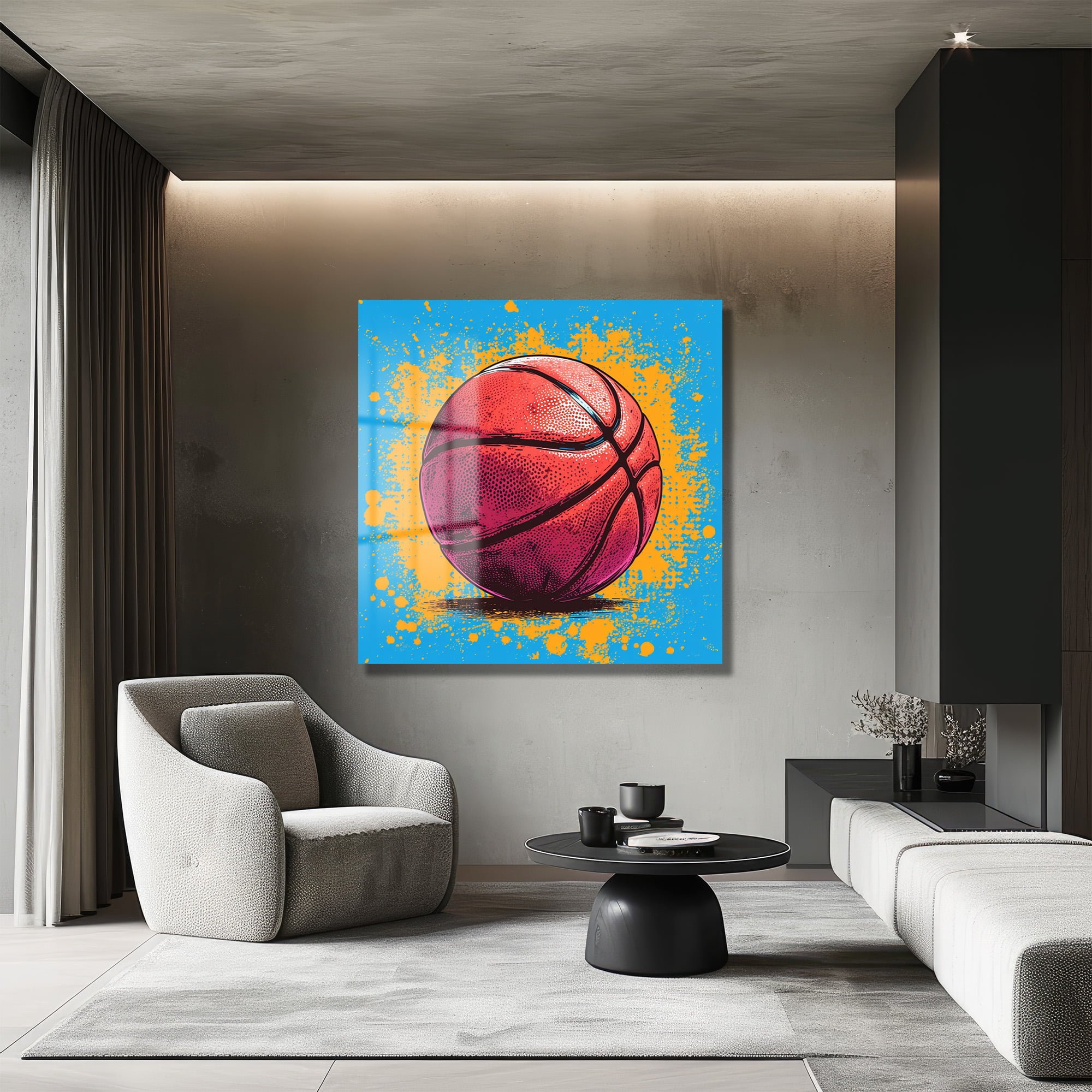 Enerjik Basketbol Rüyası: Modern Pop Art Cam Tablo - Glazella Enerjik Basketbol Rüyası: Modern Pop Art Cam Tablo - Glazella