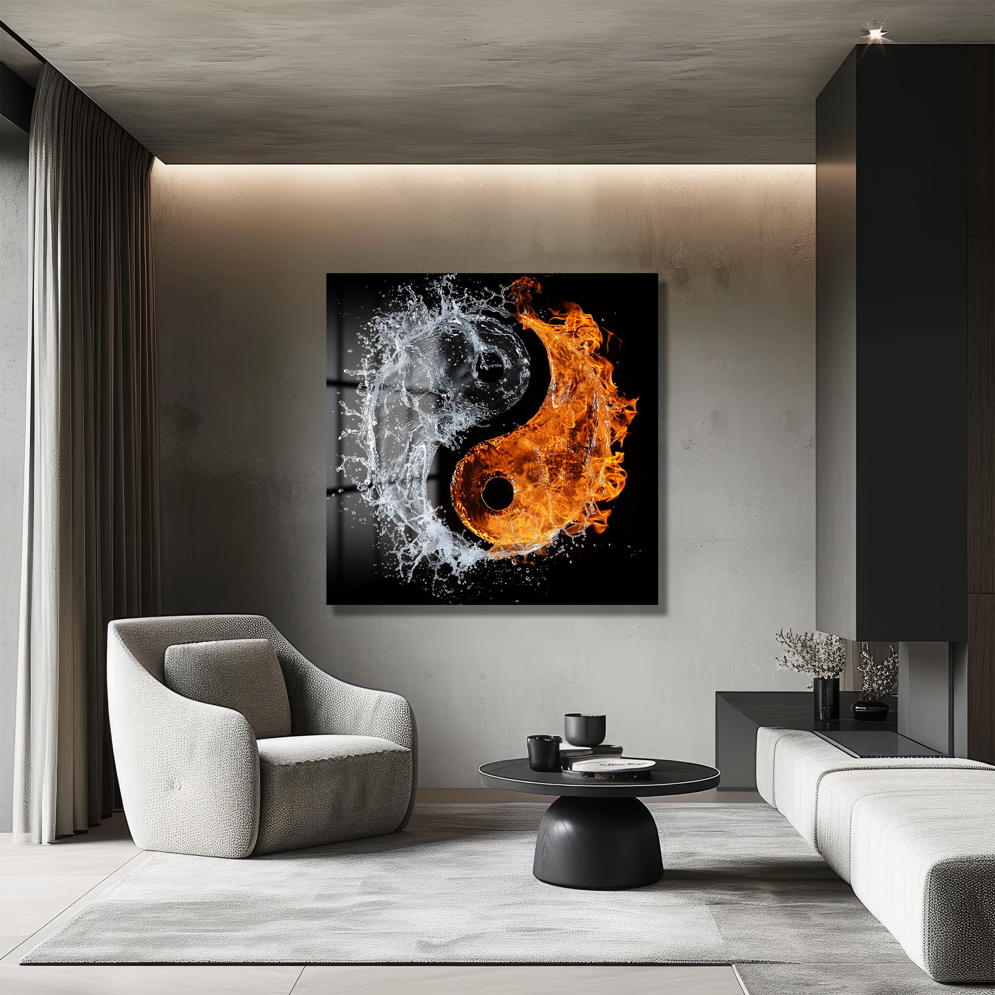 Ateş ve Su Dengesi: Dinamik Yin Yang Cam Tablo - Glazella Ateş ve Su Dengesi: Dinamik Yin Yang Cam Tablo - Glazella