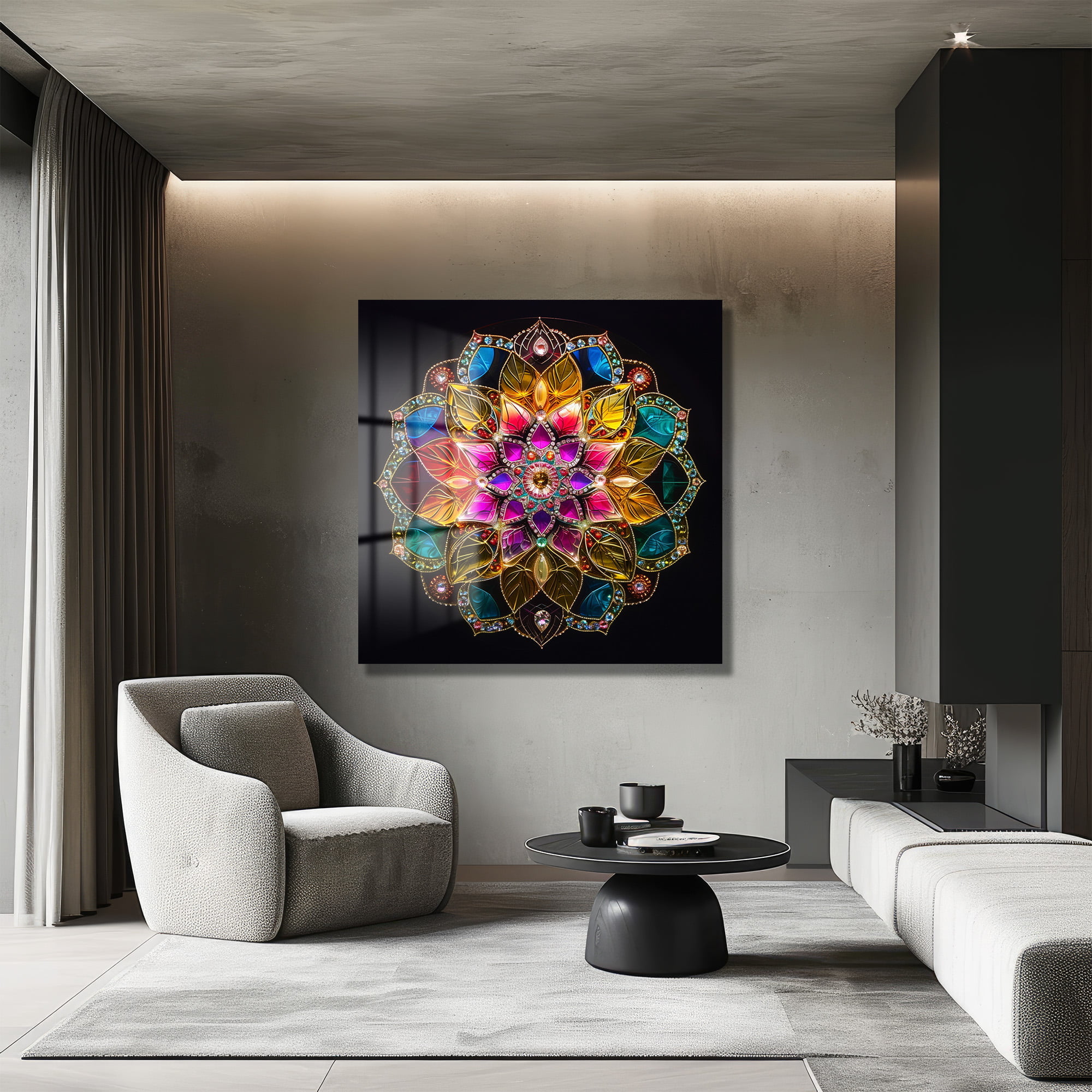 Gökkuşağı Işıltısı: Mücevherli Mandala Temperli Cam Tablo - Glazella Gökkuşağı Işıltısı: Mücevherli Mandala Temperli Cam Tablo - Glazella