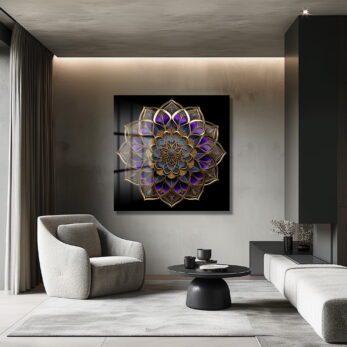 Gizemli Mor ve Altın Mandala: Lüks Temperli Cam Tablo - Glazella Gizemli Mor ve Altın Mandala: Lüks Temperli Cam Tablo - Glazella