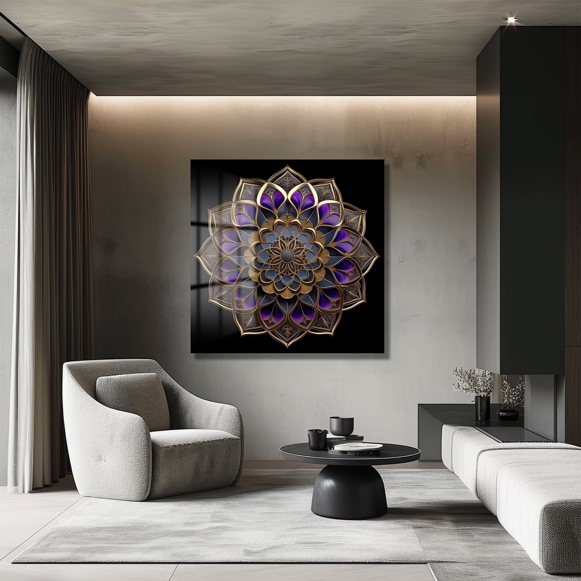 Gizemli Mor ve Altın Mandala: Lüks Temperli Cam Tablo - Glazella Gizemli Mor ve Altın Mandala: Lüks Temperli Cam Tablo - Glazella