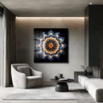 Gizemli Mandala: Sonsuzluk Mavisi ve Altın Işıltılı Temperli Cam Tablo Duvar Dekoru cam tablo, duvar sanatı, modern dekorasyon, soyut sanat, cam sanat eserleri, iç mekan dekorasyonu, ofis dekorasyonu, ev dekorasyonu, restoran dekorasyonu, cafe dekorasyonu, cam baskı, UV baskı, estetik duvar sanatı