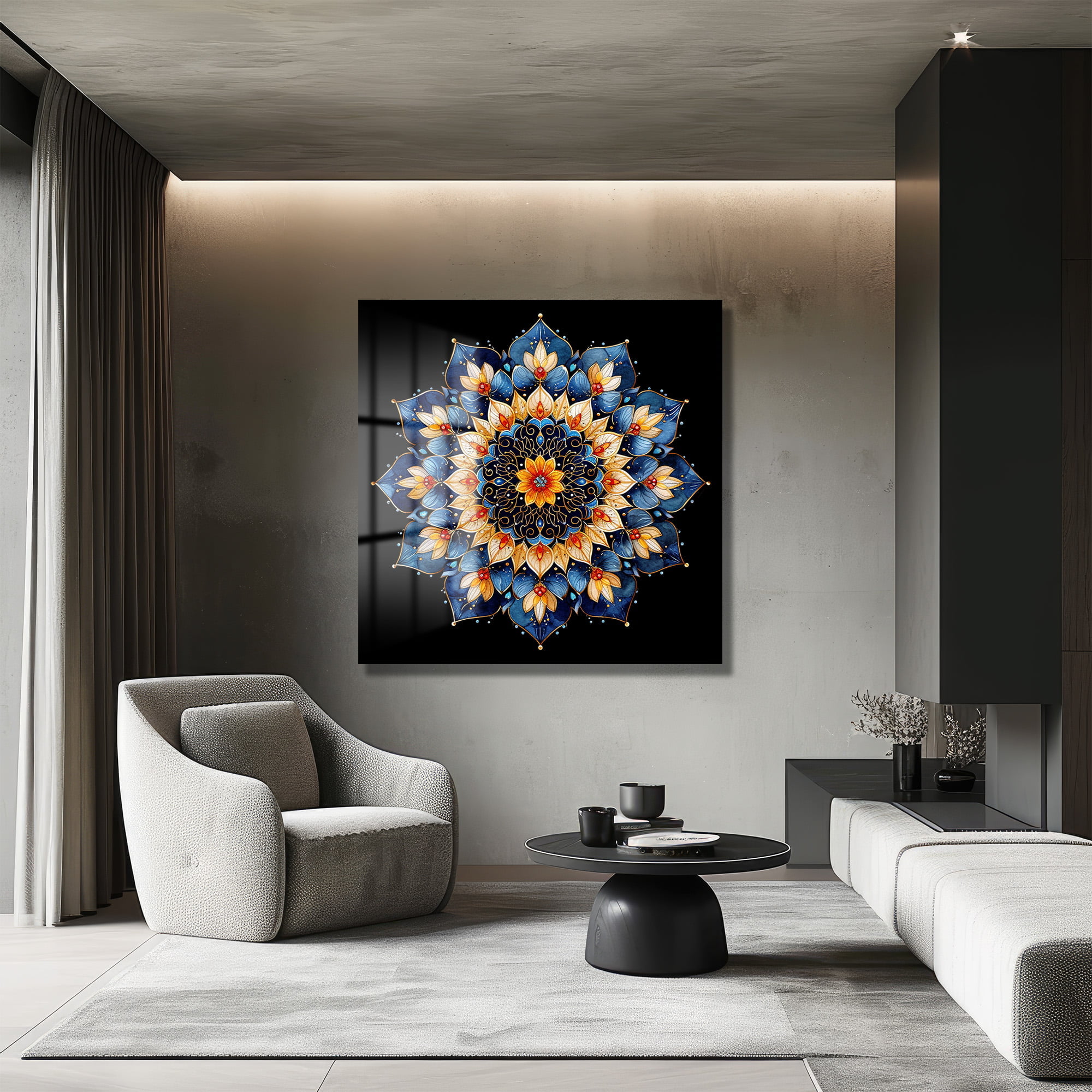 Gizemli Mandala: Sonsuzluk Mavisi ve Altın Işıltılı Temperli Cam Tablo Duvar Dekoru cam tablo, duvar sanatı, modern dekorasyon, soyut sanat, cam sanat eserleri, iç mekan dekorasyonu, ofis dekorasyonu, ev dekorasyonu, restoran dekorasyonu, cafe dekorasyonu, cam baskı, UV baskı, estetik duvar sanatı
