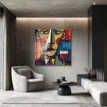 Kübist Rüyalar: Canlı Renklerle Modern Yüz ve Şarap Cam Tablo Duvar Dekoru cam tablo, duvar sanatı, modern dekorasyon, soyut sanat, cam sanat eserleri, iç mekan dekorasyonu, ofis dekorasyonu, ev dekorasyonu, restoran dekorasyonu, cafe dekorasyonu, cam baskı, UV baskı, estetik duvar sanatı