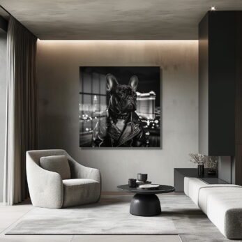 Şehirde Bir İkon: French Bulldog Rocker Cam Tablo - Glazella Şehirde Bir İkon: French Bulldog Rocker Cam Tablo - Glazella