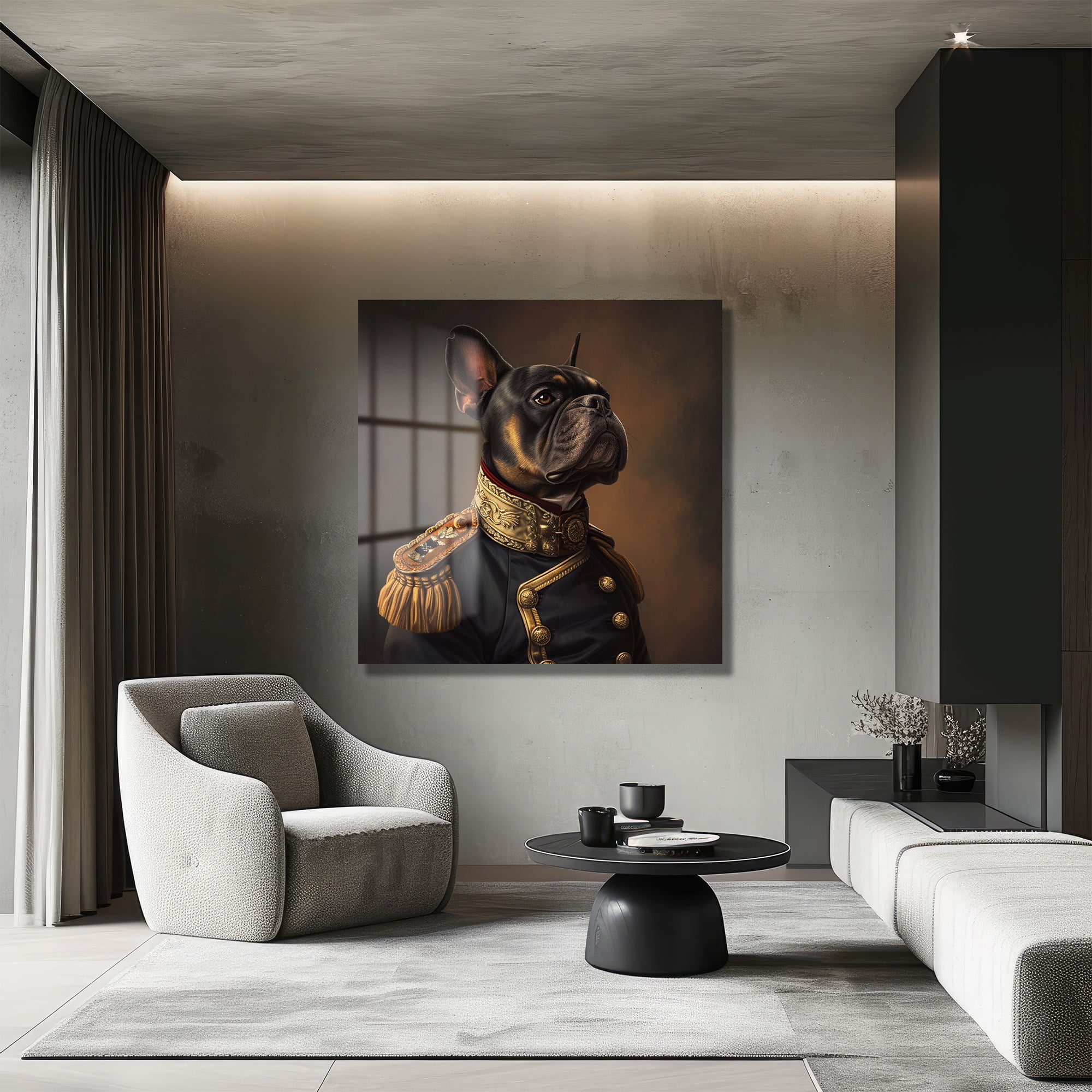 Fransız Bulldog General Portresi: Asil Duruşlu Dekoratif Cam Tablo Duvar Dekoru cam tablo, duvar sanatı, modern dekorasyon, soyut sanat, cam sanat eserleri, iç mekan dekorasyonu, ofis dekorasyonu, ev dekorasyonu, restoran dekorasyonu, cafe dekorasyonu, cam baskı, UV baskı, estetik duvar sanatı