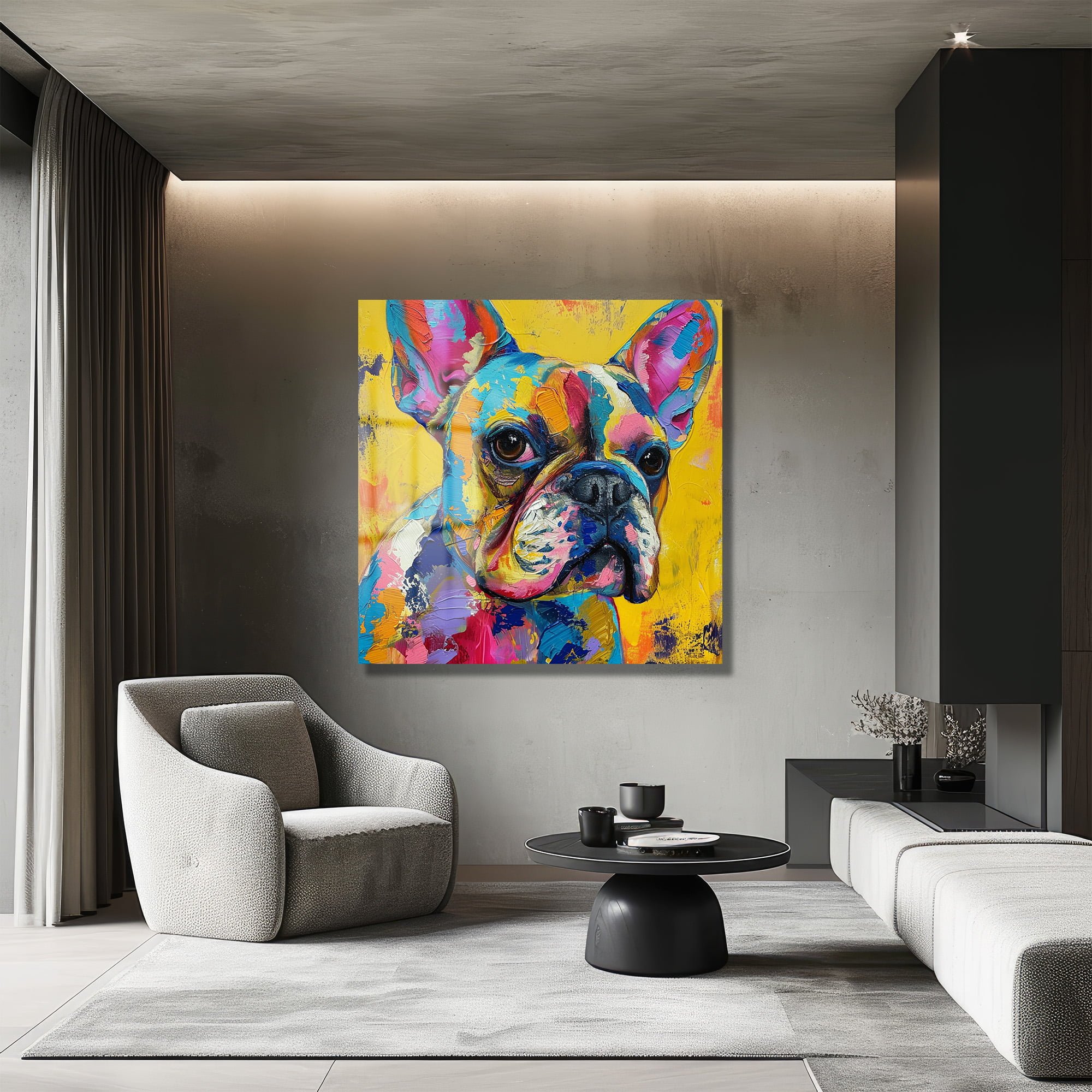 Renkli Fransız Bulldog: Modern Sanat Cam Tablo Duvar Dekoru cam tablo, duvar sanatı, modern dekorasyon, soyut sanat, cam sanat eserleri, iç mekan dekorasyonu, ofis dekorasyonu, ev dekorasyonu, restoran dekorasyonu, cafe dekorasyonu, cam baskı, UV baskı, estetik duvar sanatı