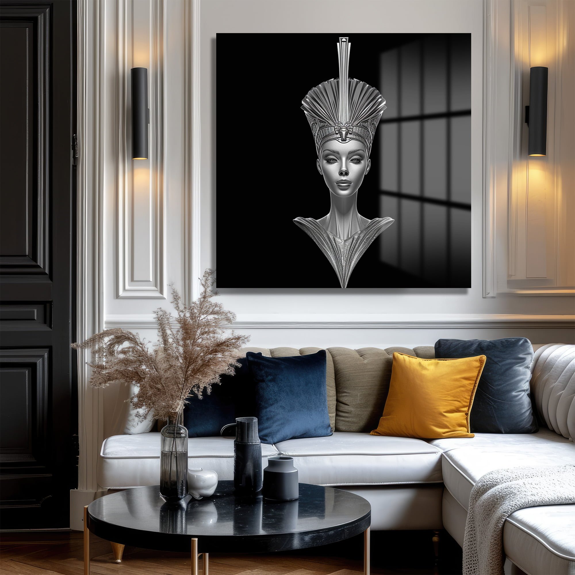 Antik Zarafet, Fütüristik Işıltı: Nefertiti Temalı Gümüş Cam Tablo Duvar Dekoru cam tablo, duvar sanatı, modern dekorasyon, soyut sanat, cam sanat eserleri, iç mekan dekorasyonu, ofis dekorasyonu, ev dekorasyonu, restoran dekorasyonu, cafe dekorasyonu, cam baskı, UV baskı, estetik duvar sanatı