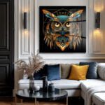 Gizemli Geometrik Baykuş: Altın ve Turkuaz Tonlarında Modern Cam Tablo Duvar Dekoru cam tablo, duvar sanatı, modern dekorasyon, soyut sanat, cam sanat eserleri, iç mekan dekorasyonu, ofis dekorasyonu, ev dekorasyonu, restoran dekorasyonu, cafe dekorasyonu, cam baskı, UV baskı, estetik duvar sanatı
