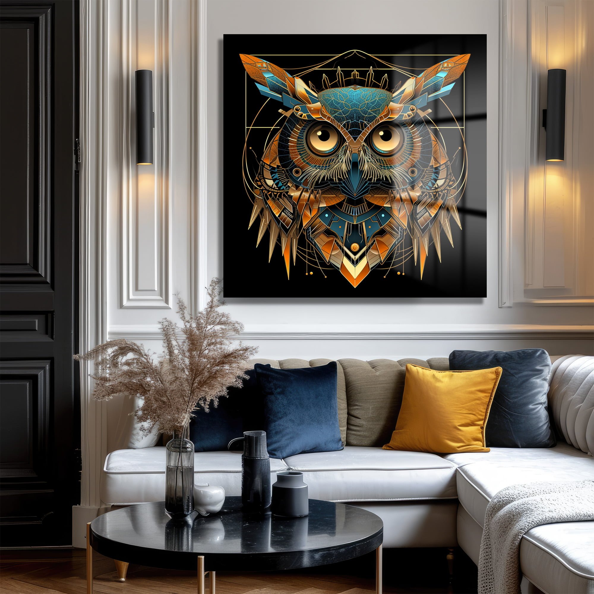 Gizemli Geometrik Baykuş: Altın ve Turkuaz Tonlarında Modern Cam Tablo Duvar Dekoru cam tablo, duvar sanatı, modern dekorasyon, soyut sanat, cam sanat eserleri, iç mekan dekorasyonu, ofis dekorasyonu, ev dekorasyonu, restoran dekorasyonu, cafe dekorasyonu, cam baskı, UV baskı, estetik duvar sanatı
