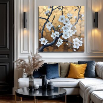 Altın Yapraklar Üzerinde Beyaz Kiraz Çiçekleri Cam Tablo | Lüks Duvar Sanatı - Glazella