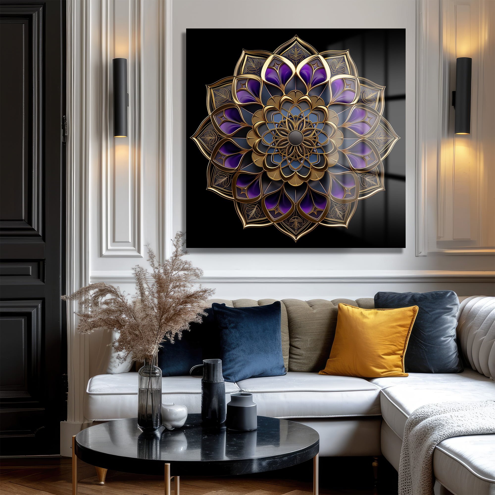 Gizemli Mor ve Altın Mandala: Lüks Temperli Cam Tablo - Glazella Gizemli Mor ve Altın Mandala: Lüks Temperli Cam Tablo - Glazella