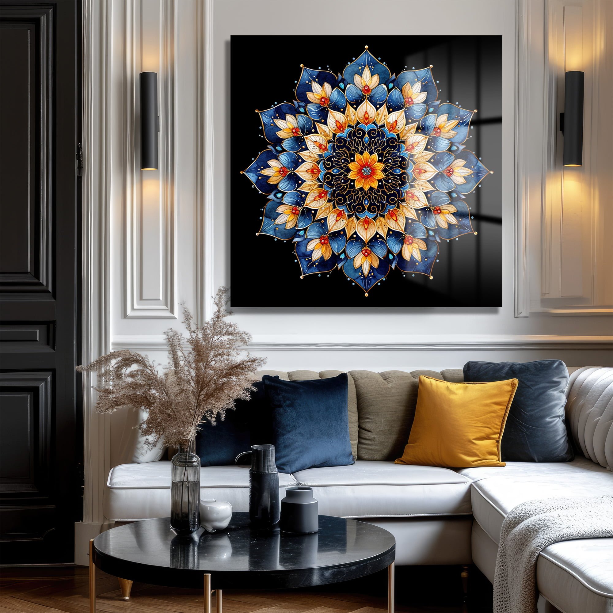 Gizemli Mandala: Sonsuzluk Mavisi ve Altın Işıltılı Temperli Cam Tablo Duvar Dekoru cam tablo, duvar sanatı, modern dekorasyon, soyut sanat, cam sanat eserleri, iç mekan dekorasyonu, ofis dekorasyonu, ev dekorasyonu, restoran dekorasyonu, cafe dekorasyonu, cam baskı, UV baskı, estetik duvar sanatı