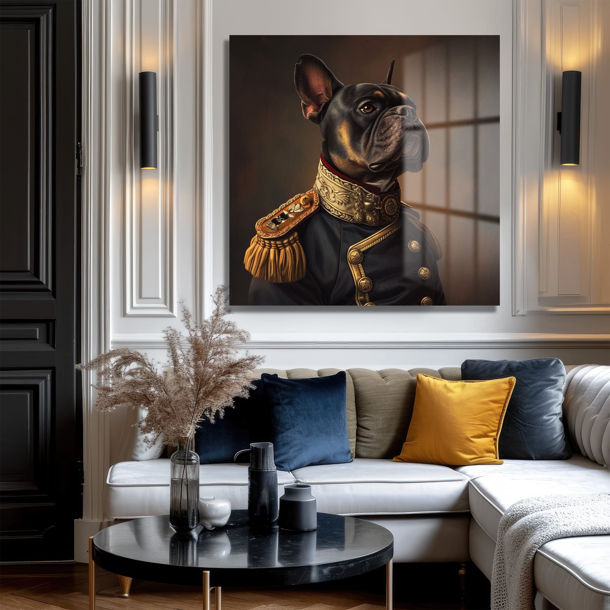 Fransız Bulldog General Portresi: Asil Duruşlu Dekoratif Cam Tablo Duvar Dekoru cam tablo, duvar sanatı, modern dekorasyon, soyut sanat, cam sanat eserleri, iç mekan dekorasyonu, ofis dekorasyonu, ev dekorasyonu, restoran dekorasyonu, cafe dekorasyonu, cam baskı, UV baskı, estetik duvar sanatı