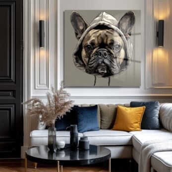 Kapüşonlu Fransız Bulldog: Sokak Stili Modern Cam Tablo - Glazella Kapüşonlu Fransız Bulldog: Sokak Stili Modern Cam Tablo - Glazella