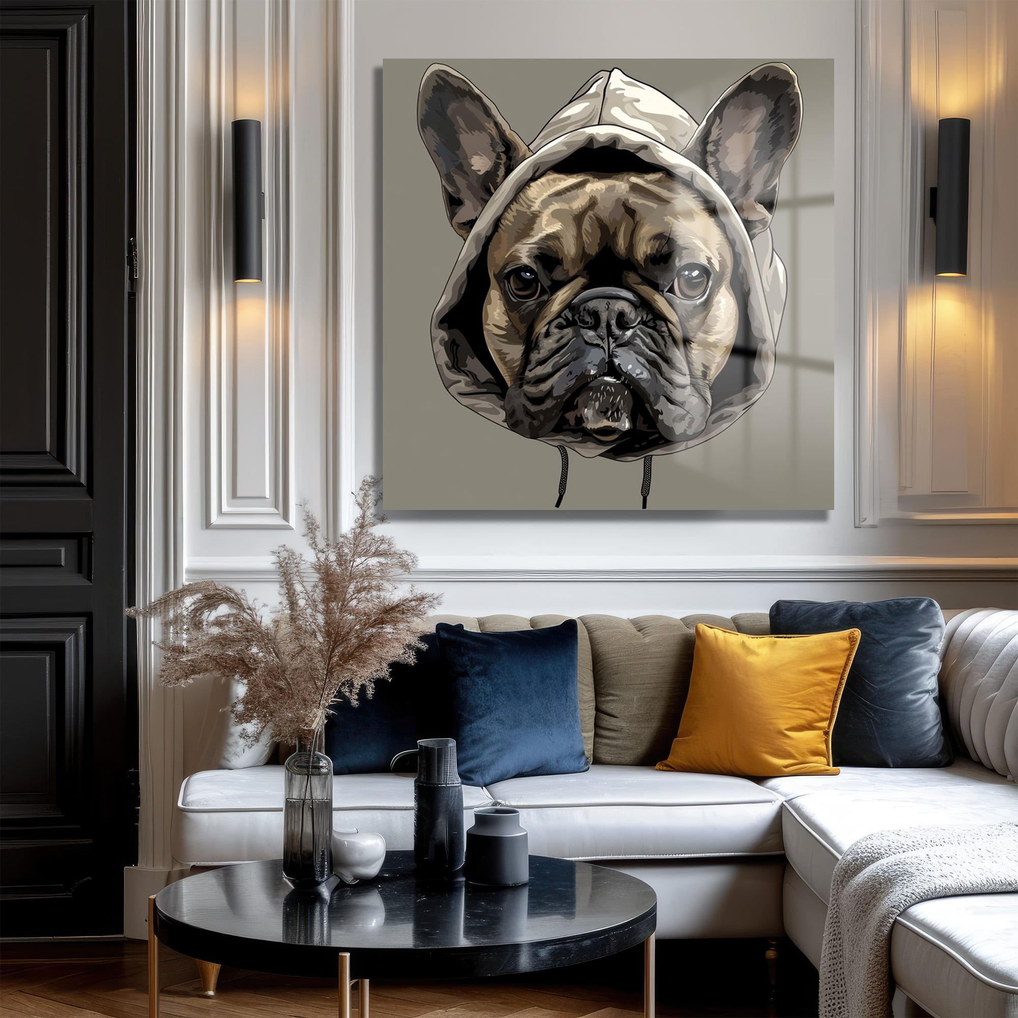 Kapüşonlu Fransız Bulldog: Sokak Stili Modern Cam Tablo Duvar Dekoru cam tablo, duvar sanatı, modern dekorasyon, soyut sanat, cam sanat eserleri, iç mekan dekorasyonu, ofis dekorasyonu, ev dekorasyonu, restoran dekorasyonu, cafe dekorasyonu, cam baskı, UV baskı, estetik duvar sanatı