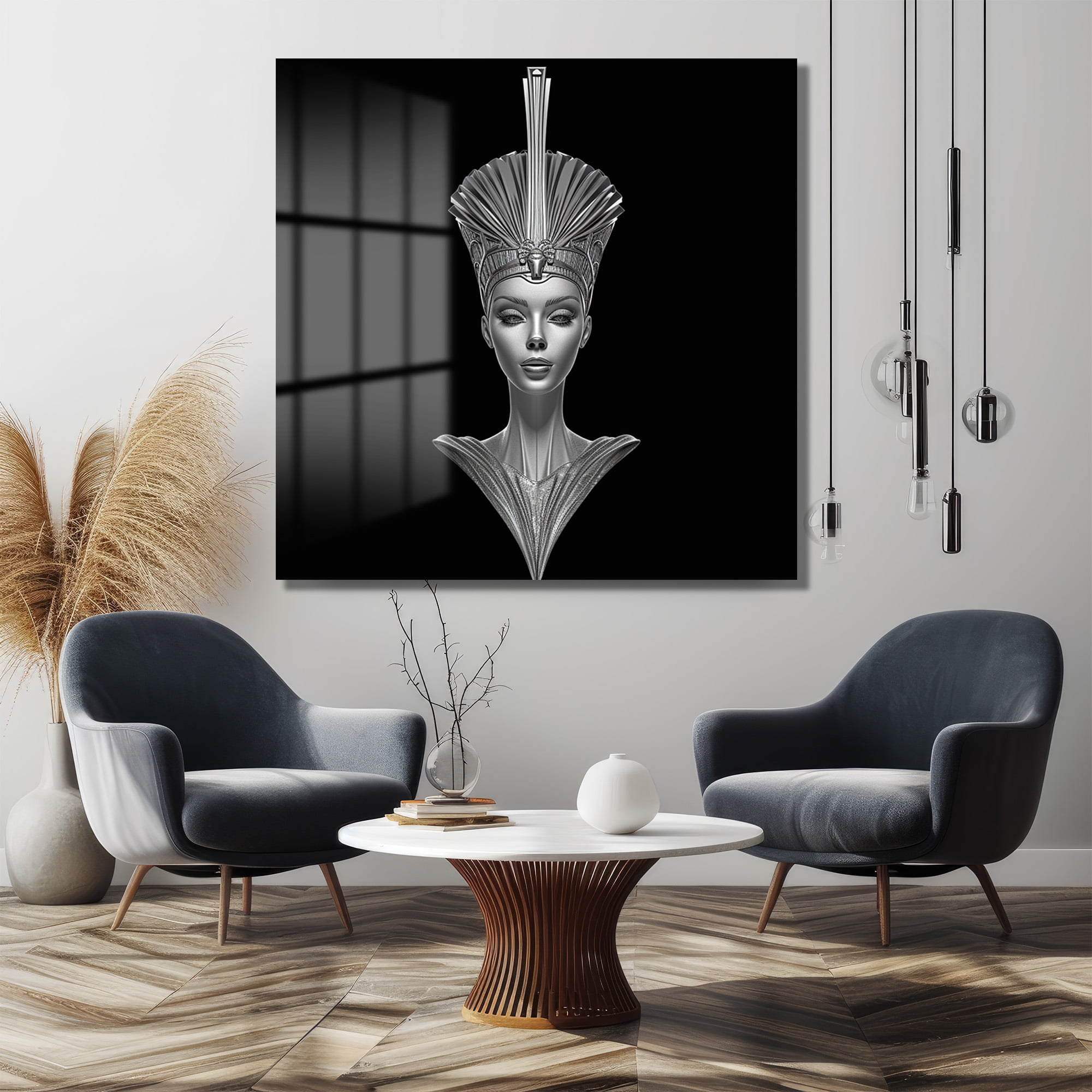 Antik Zarafet, Fütüristik Işıltı: Nefertiti Temalı Gümüş Cam Tablo Duvar Dekoru cam tablo, duvar sanatı, modern dekorasyon, soyut sanat, cam sanat eserleri, iç mekan dekorasyonu, ofis dekorasyonu, ev dekorasyonu, restoran dekorasyonu, cafe dekorasyonu, cam baskı, UV baskı, estetik duvar sanatı