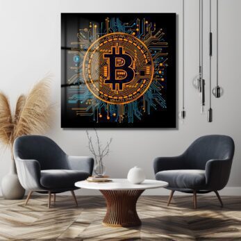 Dijital Altın: Bitcoin Devre Kartı Tasarımlı Modern Cam Tablo - Glazella