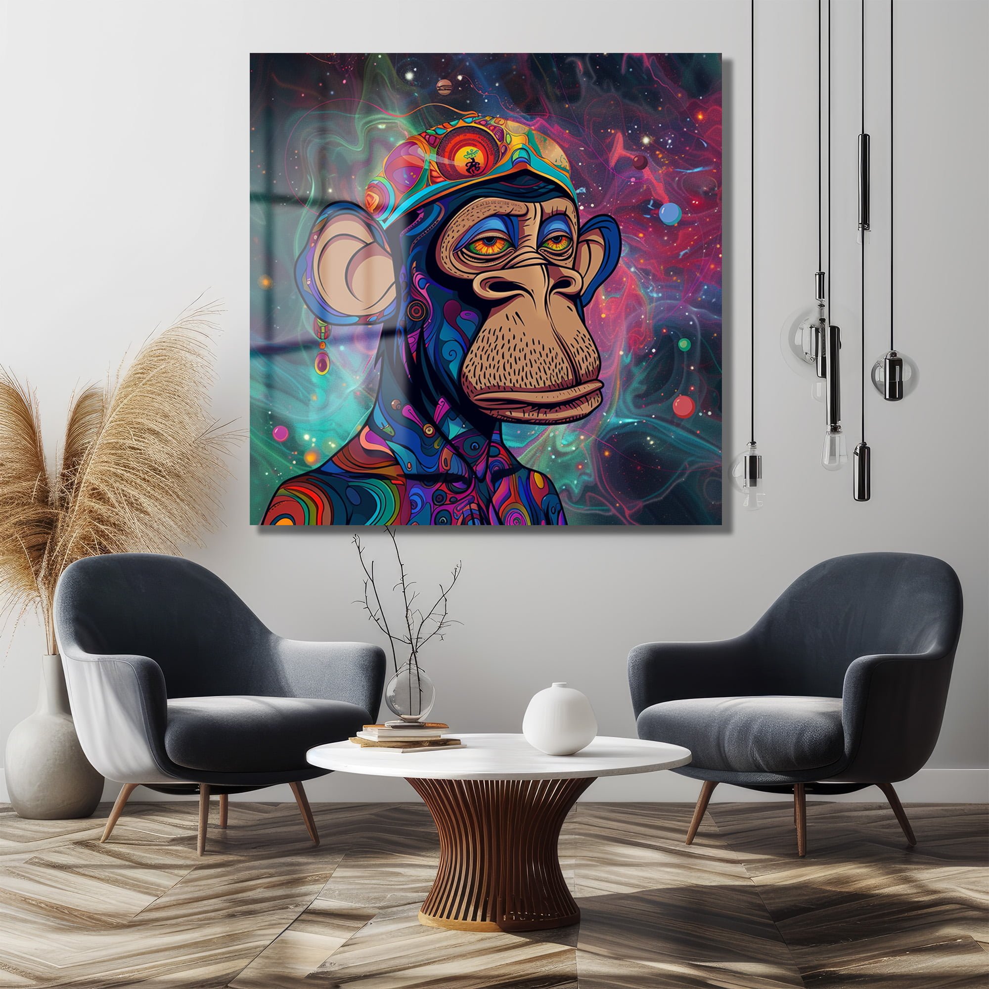 Kozmik Maymun: Psychedelic Enerjili Modern Cam Tablo Duvar Dekoru cam tablo, duvar sanatı, modern dekorasyon, soyut sanat, cam sanat eserleri, iç mekan dekorasyonu, ofis dekorasyonu, ev dekorasyonu, restoran dekorasyonu, cafe dekorasyonu, cam baskı, UV baskı, estetik duvar sanatı