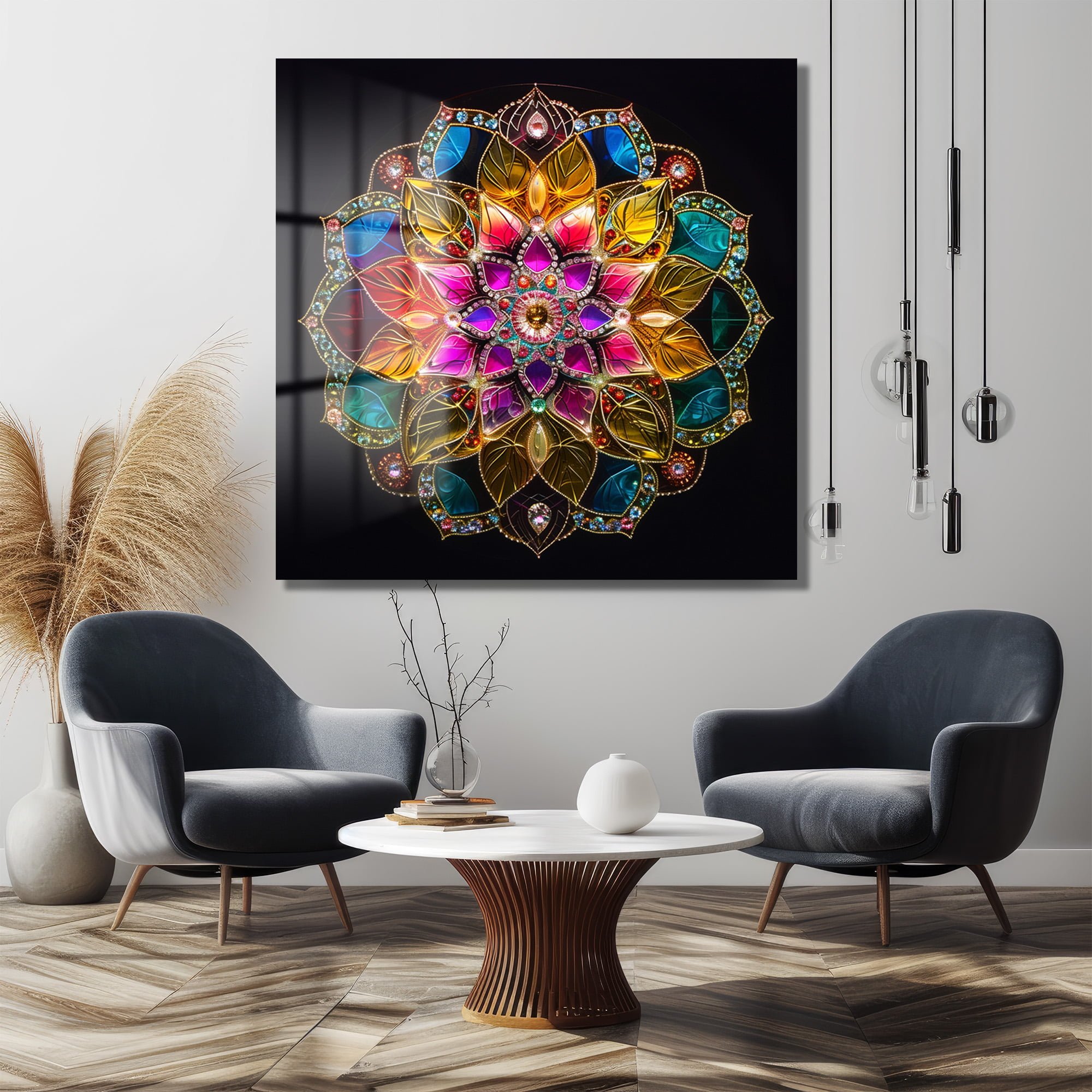 Gökkuşağı Işıltısı: Mücevherli Mandala Temperli Cam Tablo - Glazella Gökkuşağı Işıltısı: Mücevherli Mandala Temperli Cam Tablo - Glazella
