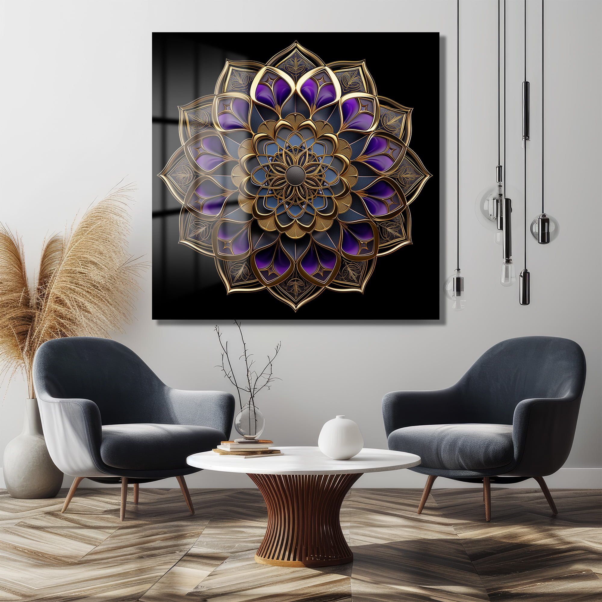 Gizemli Mor ve Altın Mandala: Lüks Temperli Cam Tablo - Glazella Gizemli Mor ve Altın Mandala: Lüks Temperli Cam Tablo - Glazella