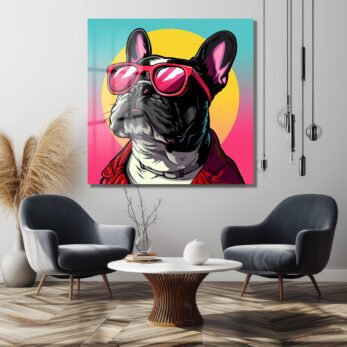 Havalı Fransız Bulldog Pop Art Cam Tablo | Canlı Renklerle Modern Duvar Dekoru - Glazella Havalı Fransız Bulldog Pop Art Cam Tablo | Canlı Renklerle Modern Duvar Dekoru - Glazella