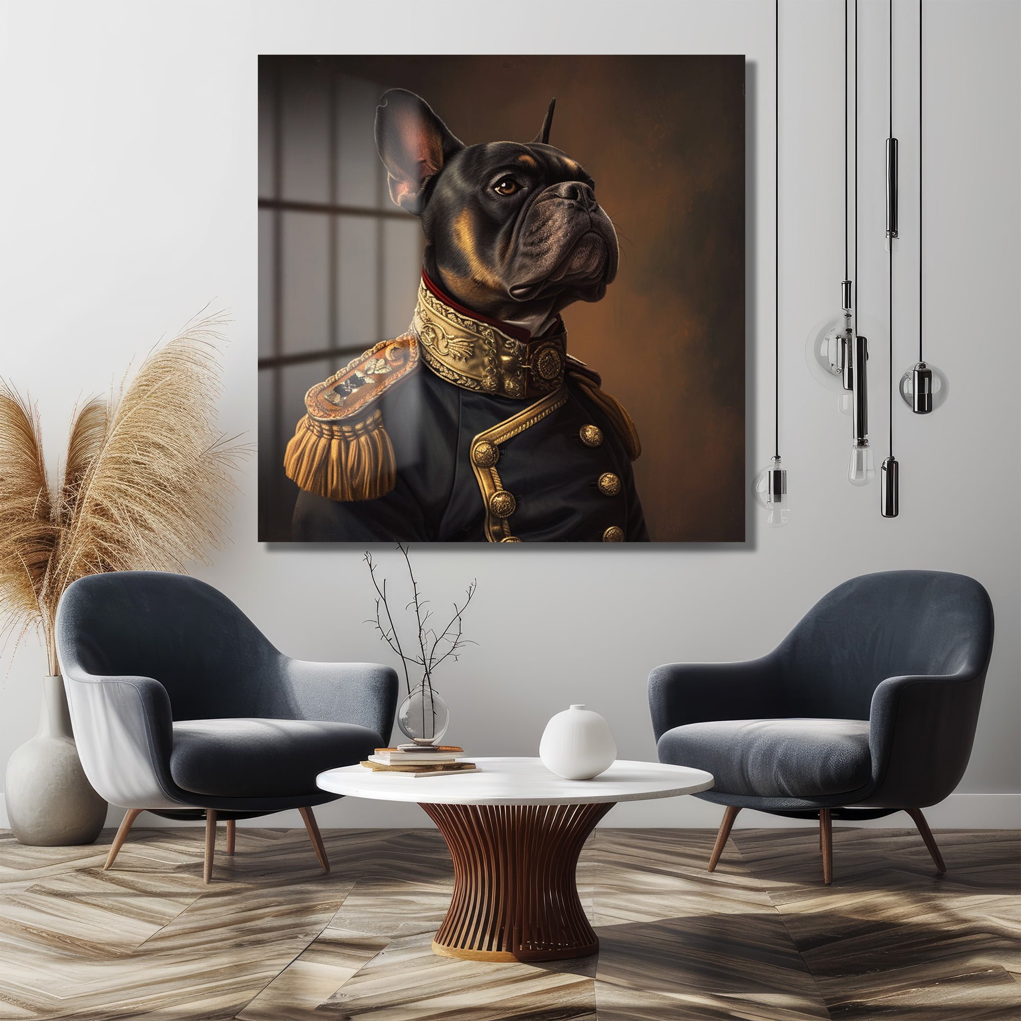 Fransız Bulldog General Portresi: Asil Duruşlu Dekoratif Cam Tablo Duvar Dekoru cam tablo, duvar sanatı, modern dekorasyon, soyut sanat, cam sanat eserleri, iç mekan dekorasyonu, ofis dekorasyonu, ev dekorasyonu, restoran dekorasyonu, cafe dekorasyonu, cam baskı, UV baskı, estetik duvar sanatı