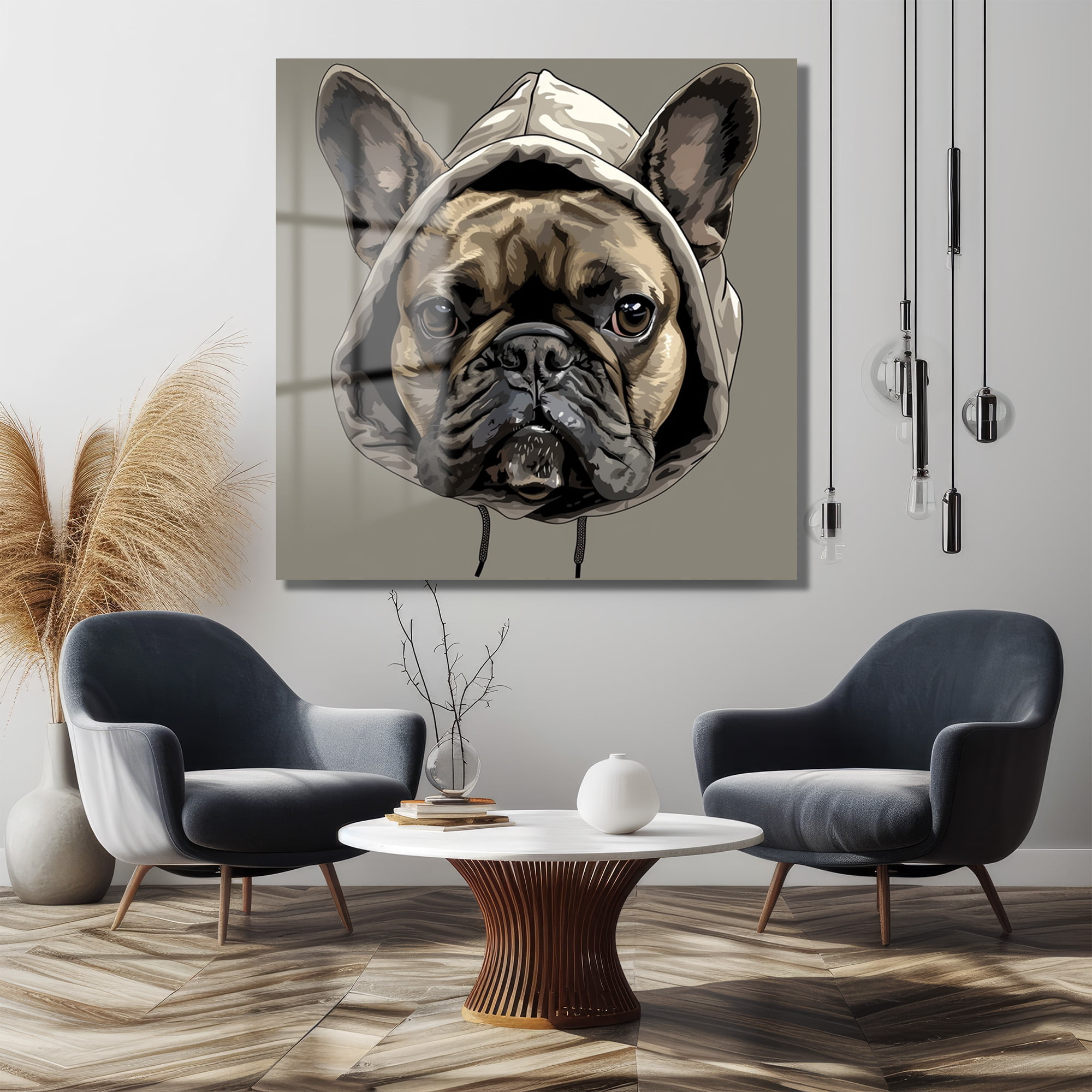 Kapüşonlu Fransız Bulldog: Sokak Stili Modern Cam Tablo Duvar Dekoru cam tablo, duvar sanatı, modern dekorasyon, soyut sanat, cam sanat eserleri, iç mekan dekorasyonu, ofis dekorasyonu, ev dekorasyonu, restoran dekorasyonu, cafe dekorasyonu, cam baskı, UV baskı, estetik duvar sanatı