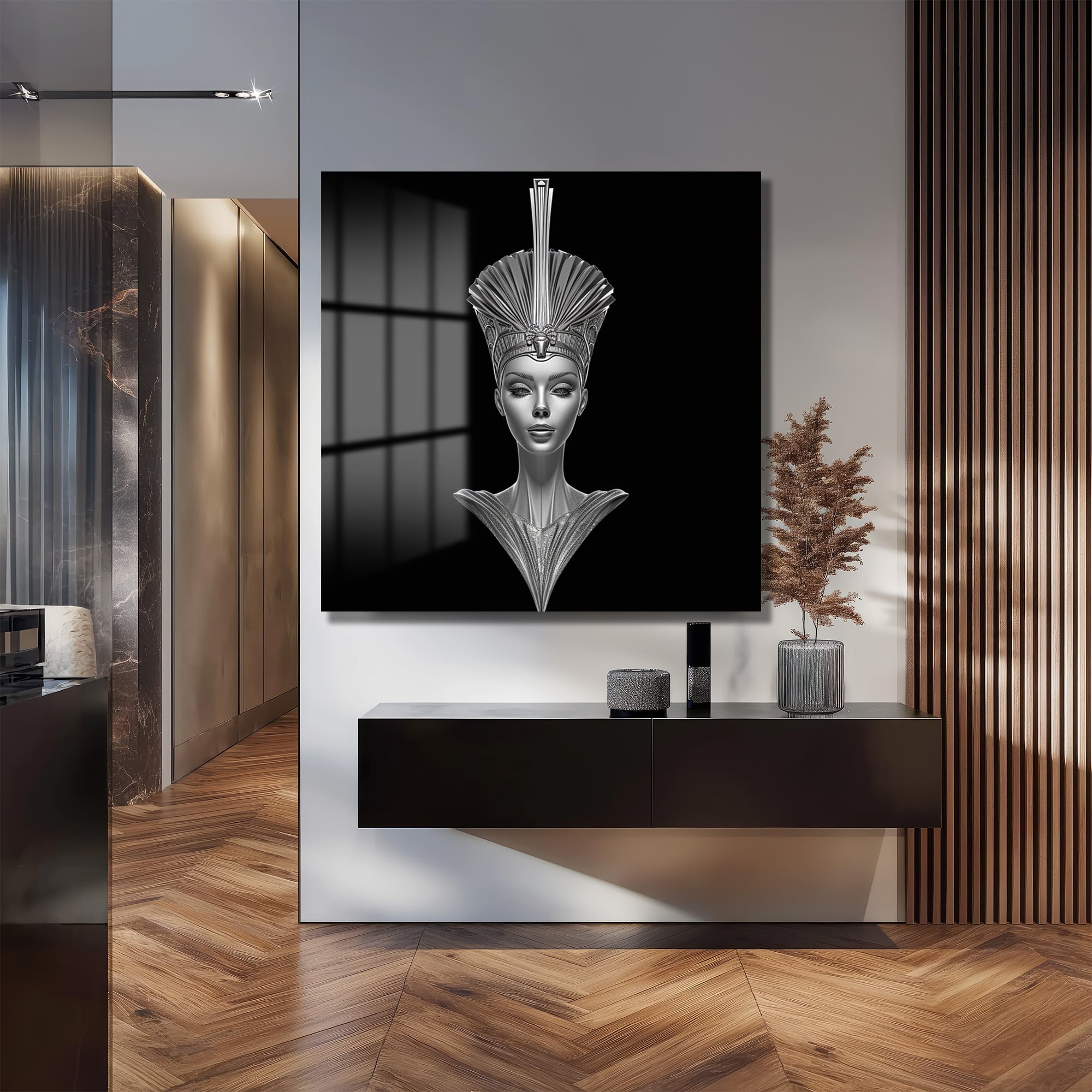 Antik Zarafet, Fütüristik Işıltı: Nefertiti Temalı Gümüş Cam Tablo Duvar Dekoru cam tablo, duvar sanatı, modern dekorasyon, soyut sanat, cam sanat eserleri, iç mekan dekorasyonu, ofis dekorasyonu, ev dekorasyonu, restoran dekorasyonu, cafe dekorasyonu, cam baskı, UV baskı, estetik duvar sanatı