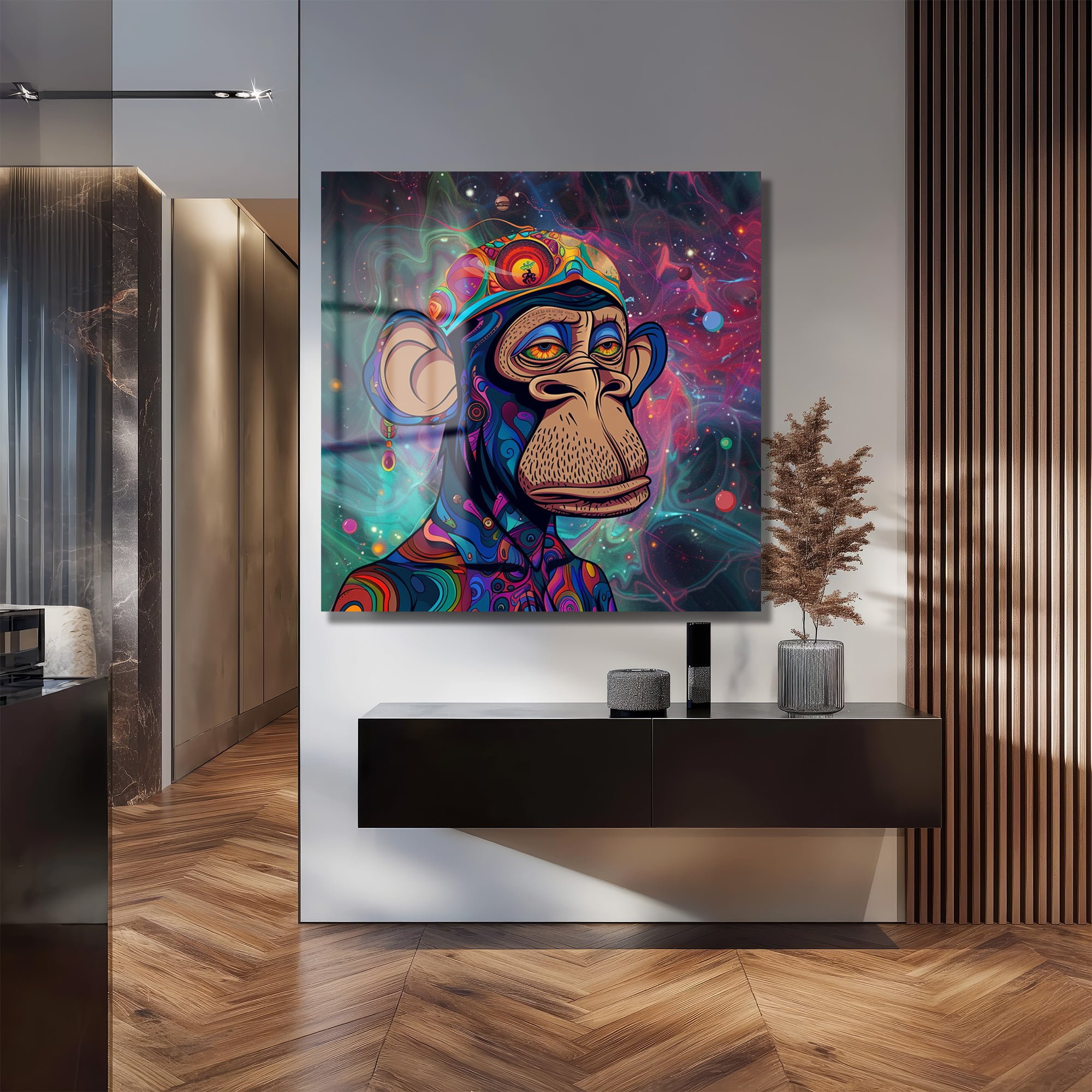 Kozmik Maymun: Psychedelic Enerjili Modern Cam Tablo Duvar Dekoru cam tablo, duvar sanatı, modern dekorasyon, soyut sanat, cam sanat eserleri, iç mekan dekorasyonu, ofis dekorasyonu, ev dekorasyonu, restoran dekorasyonu, cafe dekorasyonu, cam baskı, UV baskı, estetik duvar sanatı