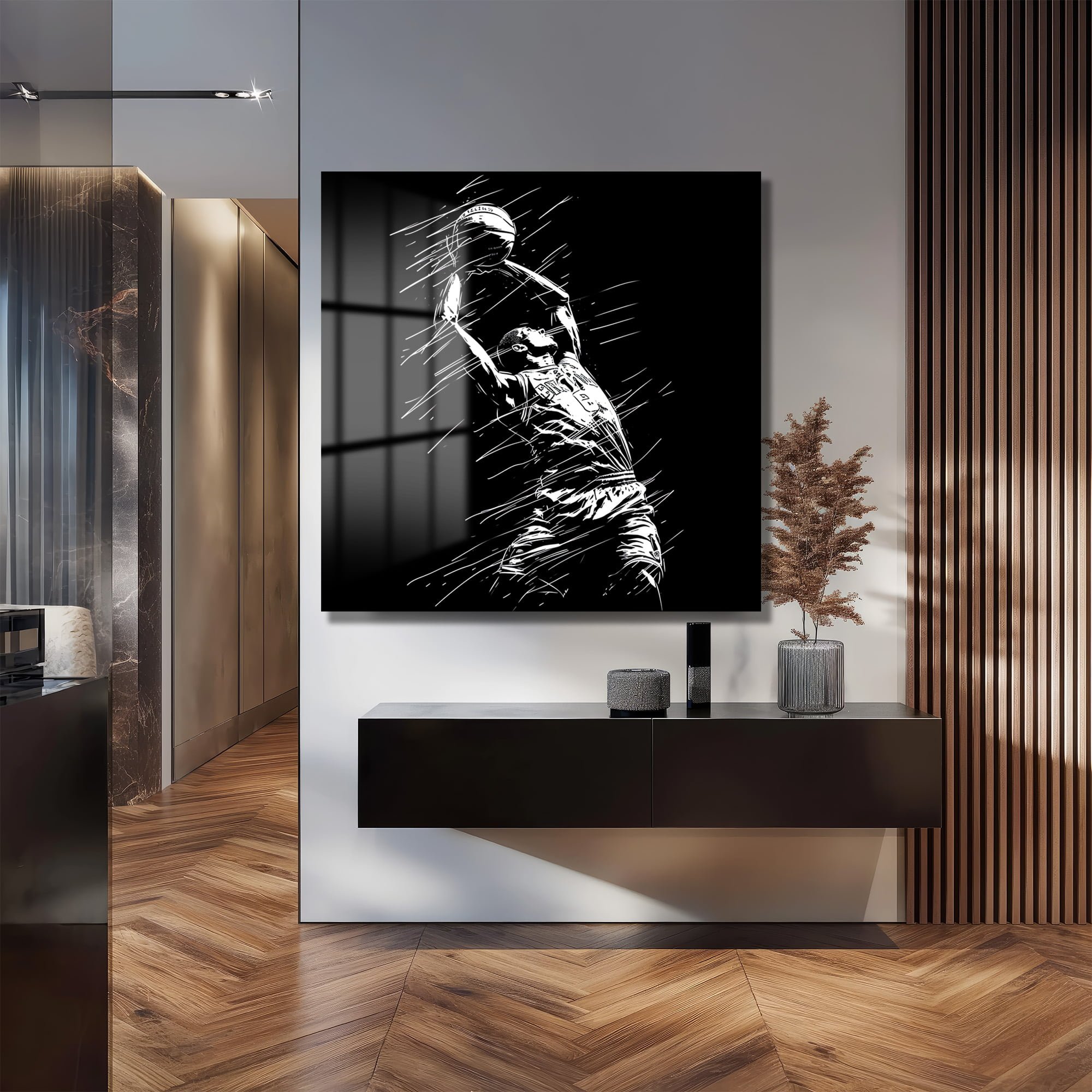 Şampiyon Ruhu: Basketbolcu Dinamizmi Siyah Beyaz Modern Cam Tablo - Glazella Şampiyon Ruhu: Basketbolcu Dinamizmi Siyah Beyaz Modern Cam Tablo - Glazella